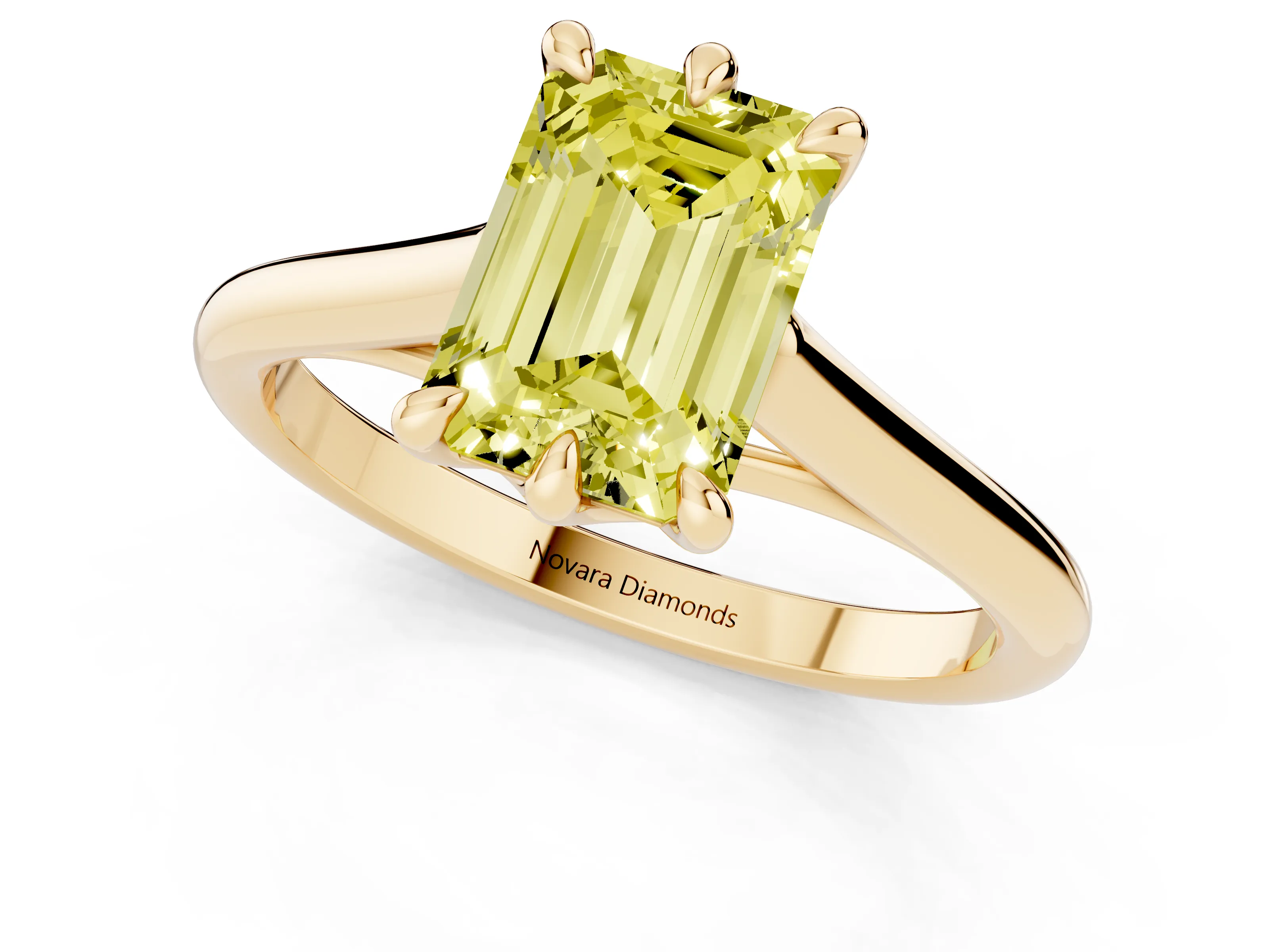 Fancy Yellow Emerald Cut Diamond Solitaire Engagement Ring Set in Yellow gold with Prong Setting and Plain Classic Band