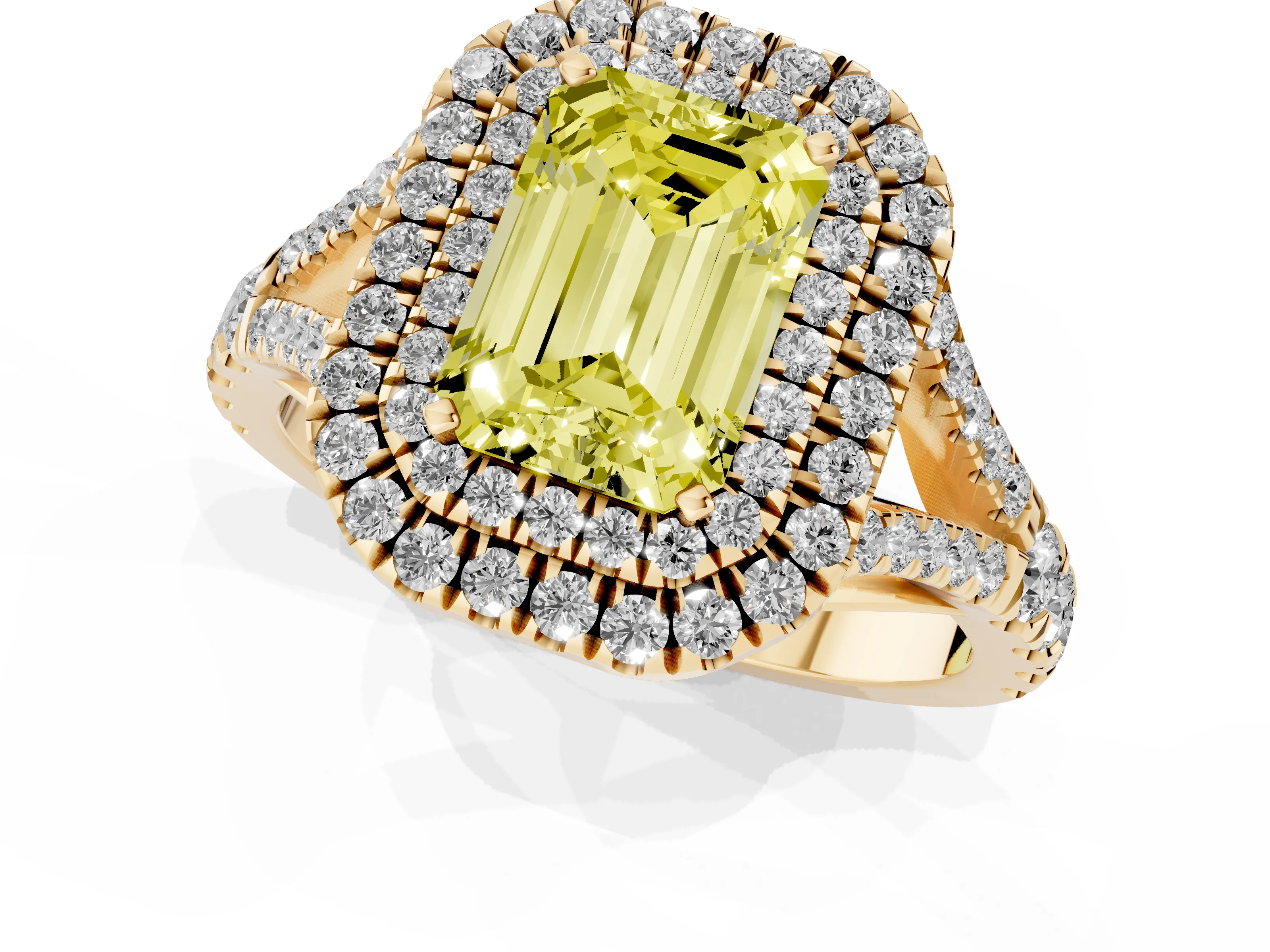 Fancy Yellow Emerald Cut Diamond Pavé Split Shank Double Halo Engagement Ring Set in Yellow gold