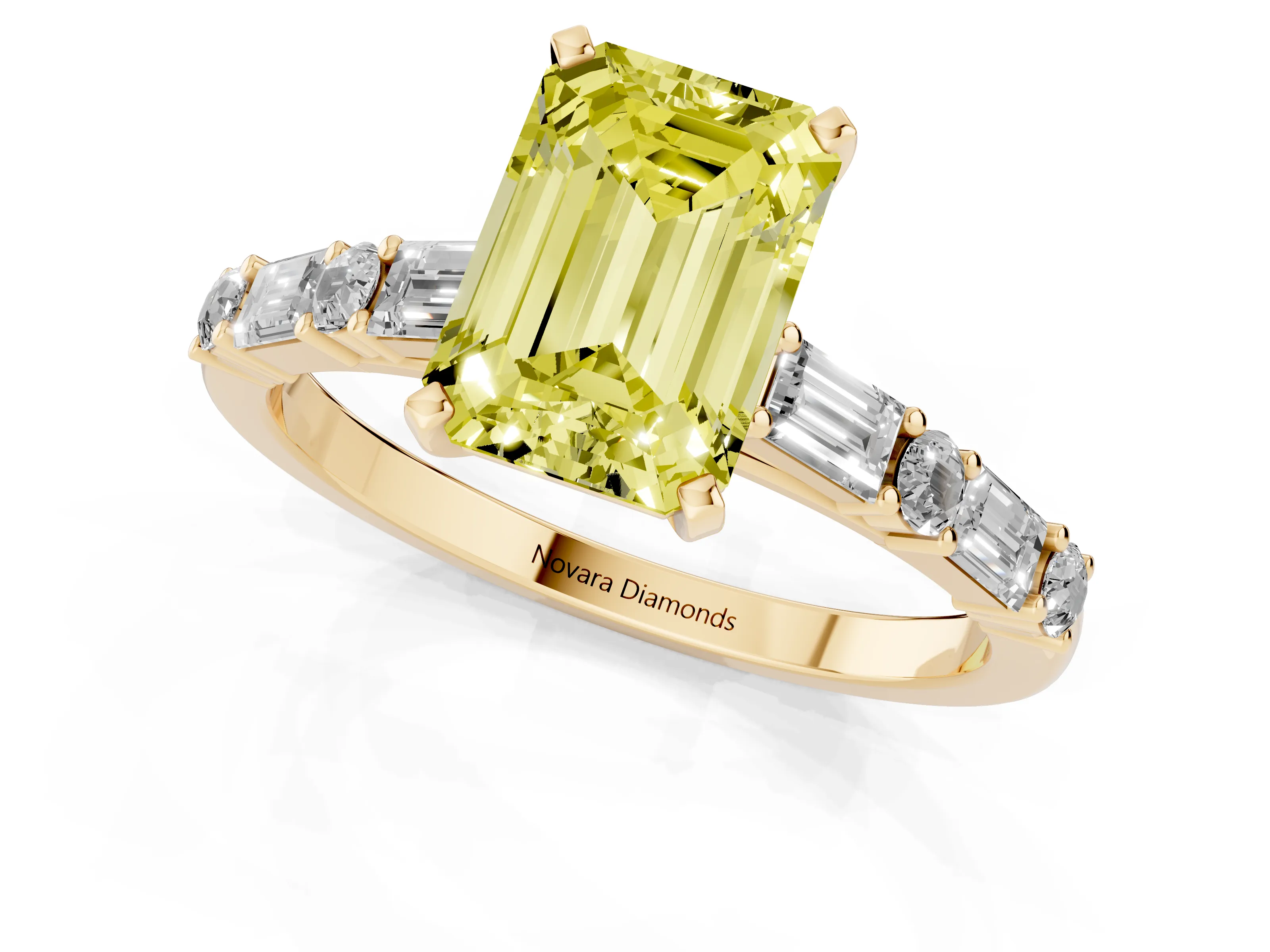 Fancy Yellow Emerald Cut Diamond Solitaire Set in Yellow gold with Side Baguettes and Channel Set Band