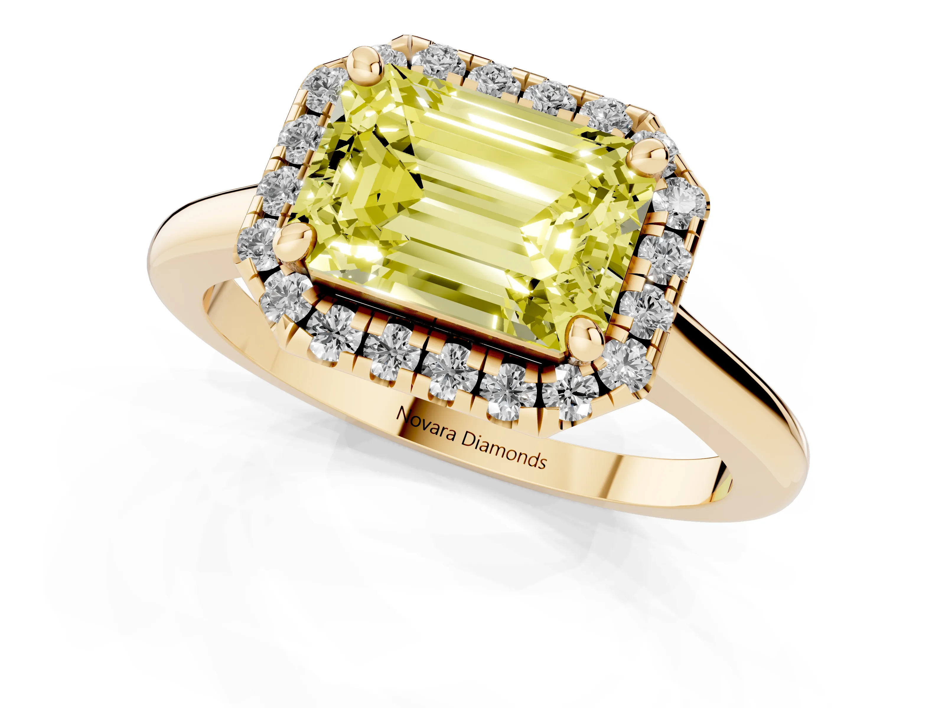 Fancy Yellow Emerald Cut Diamond Halo Engagement Ring Set in Yellow gold with Pavé Band and Rising Shoulders