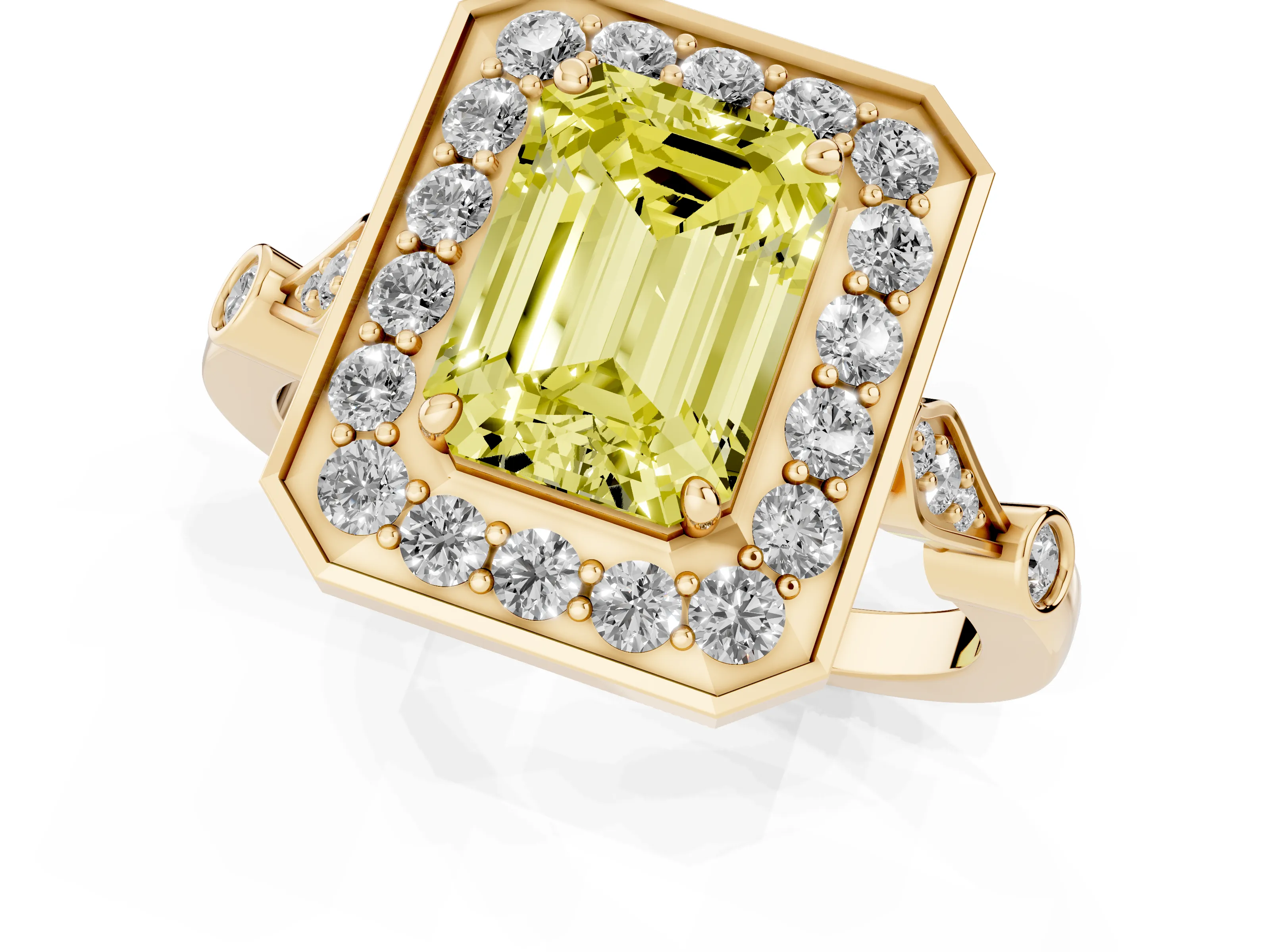 Fancy Yellow Emerald Cut Diamond Halo Engagement Ring Set in Yellow gold with Twisted Band and Prong Setting