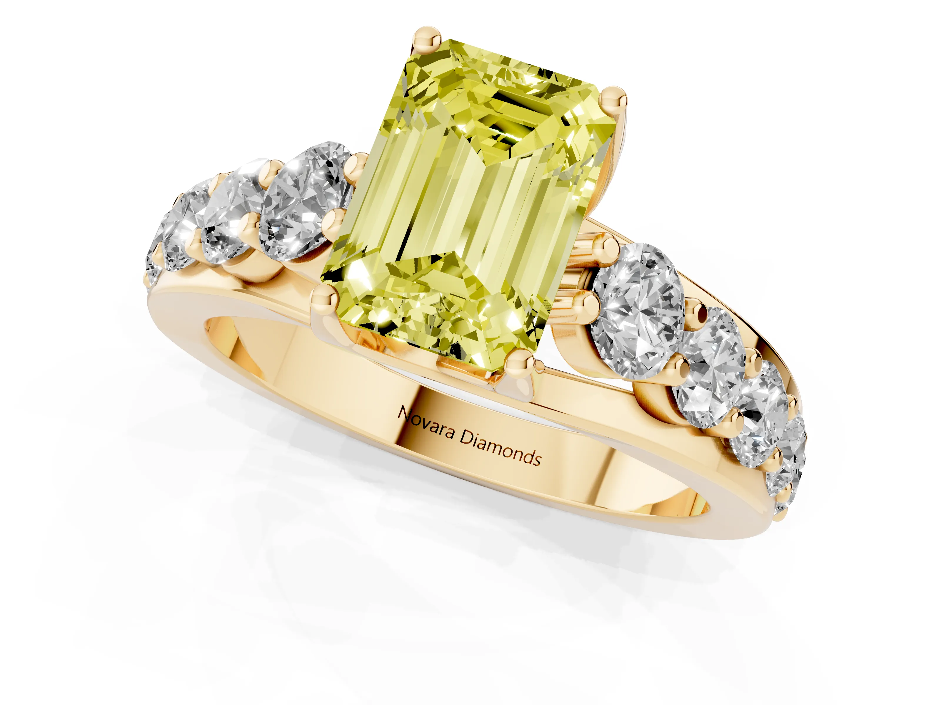 Fancy Yellow Emerald Cut Diamond Pavé Engagement Ring Set in Yellow gold with Prong Setting