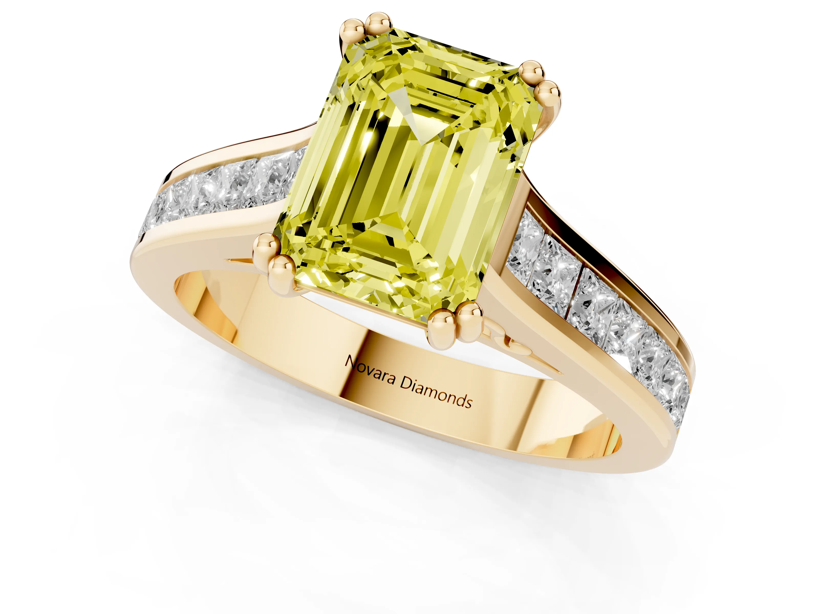 Fancy Yellow Emerald Cut Diamond Channel Set Solitaire Engagement Ring Set in Yellow gold with Prong Setting