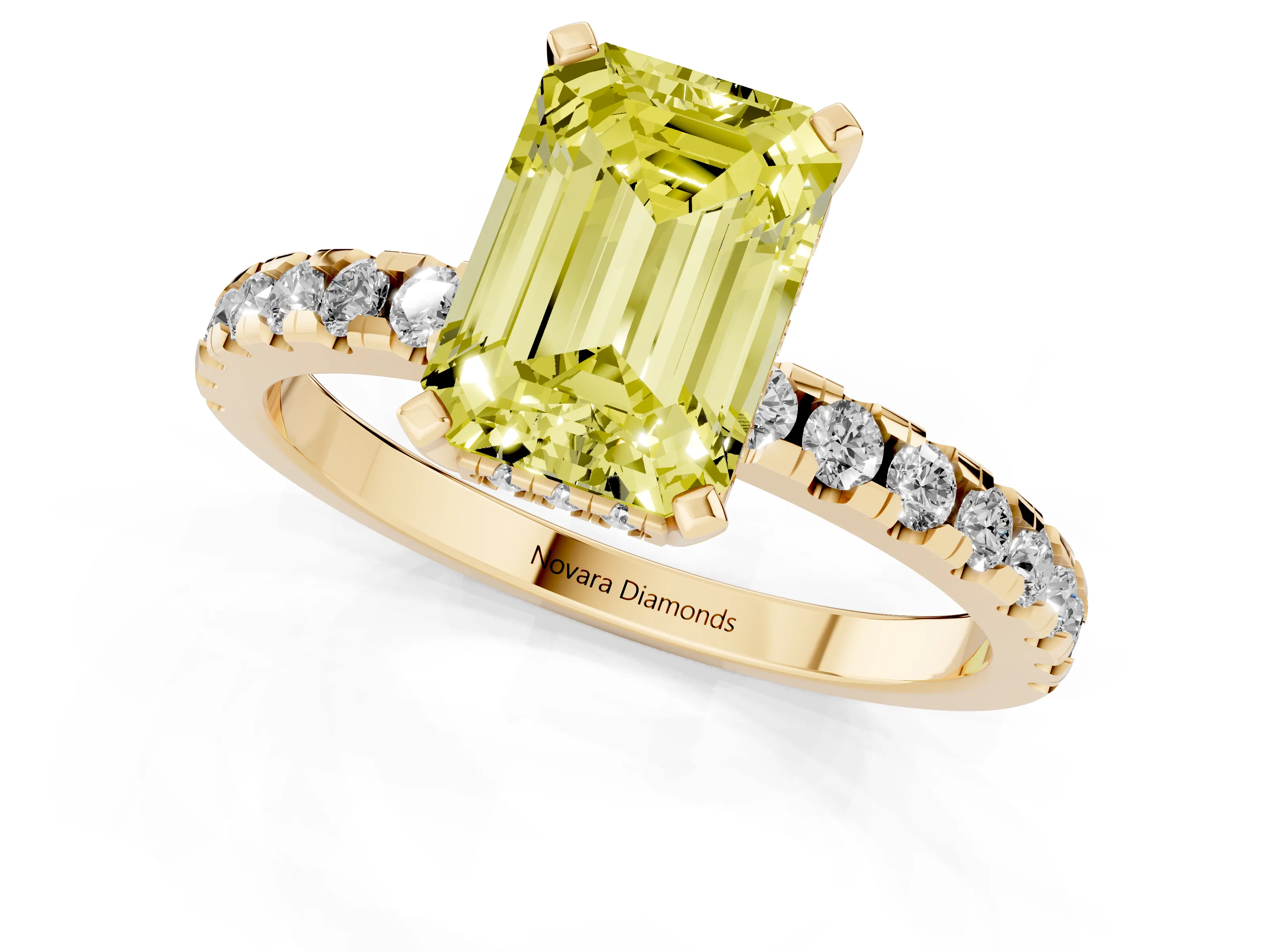 Fancy Yellow Emerald Cut Diamond Pavé Solitaire Ring Set in Yellow gold with Round Band Accents and Prong Setting