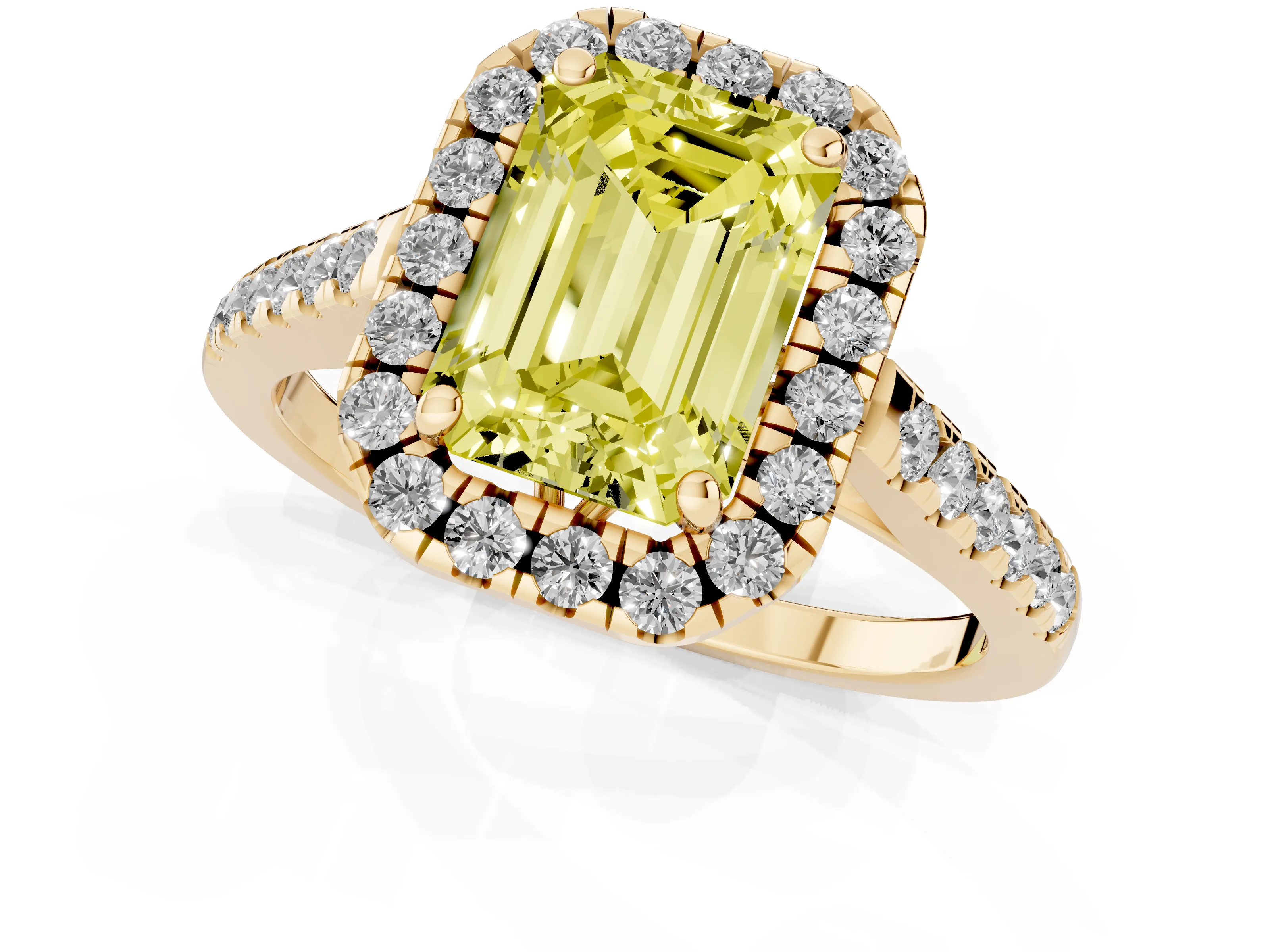 Fancy Yellow Emerald Cut Diamond Pavé Halo Engagement Ring Set in Yellow gold with Pavé Band and Prong Setting
