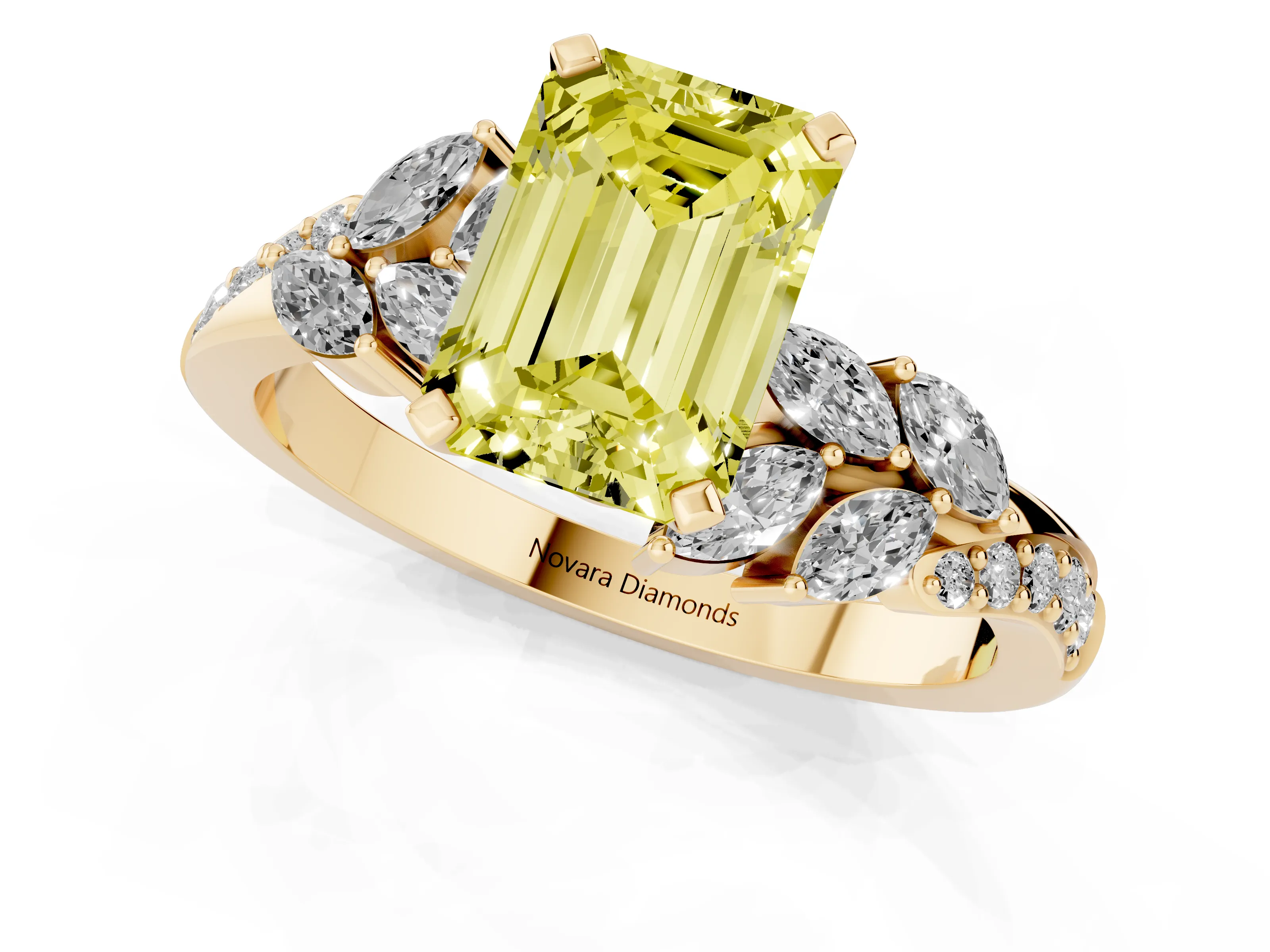 Fancy Yellow Emerald Cut Diamond Solitaire Ring Set in Yellow gold with Marquise Twist Band and Prong Setting
