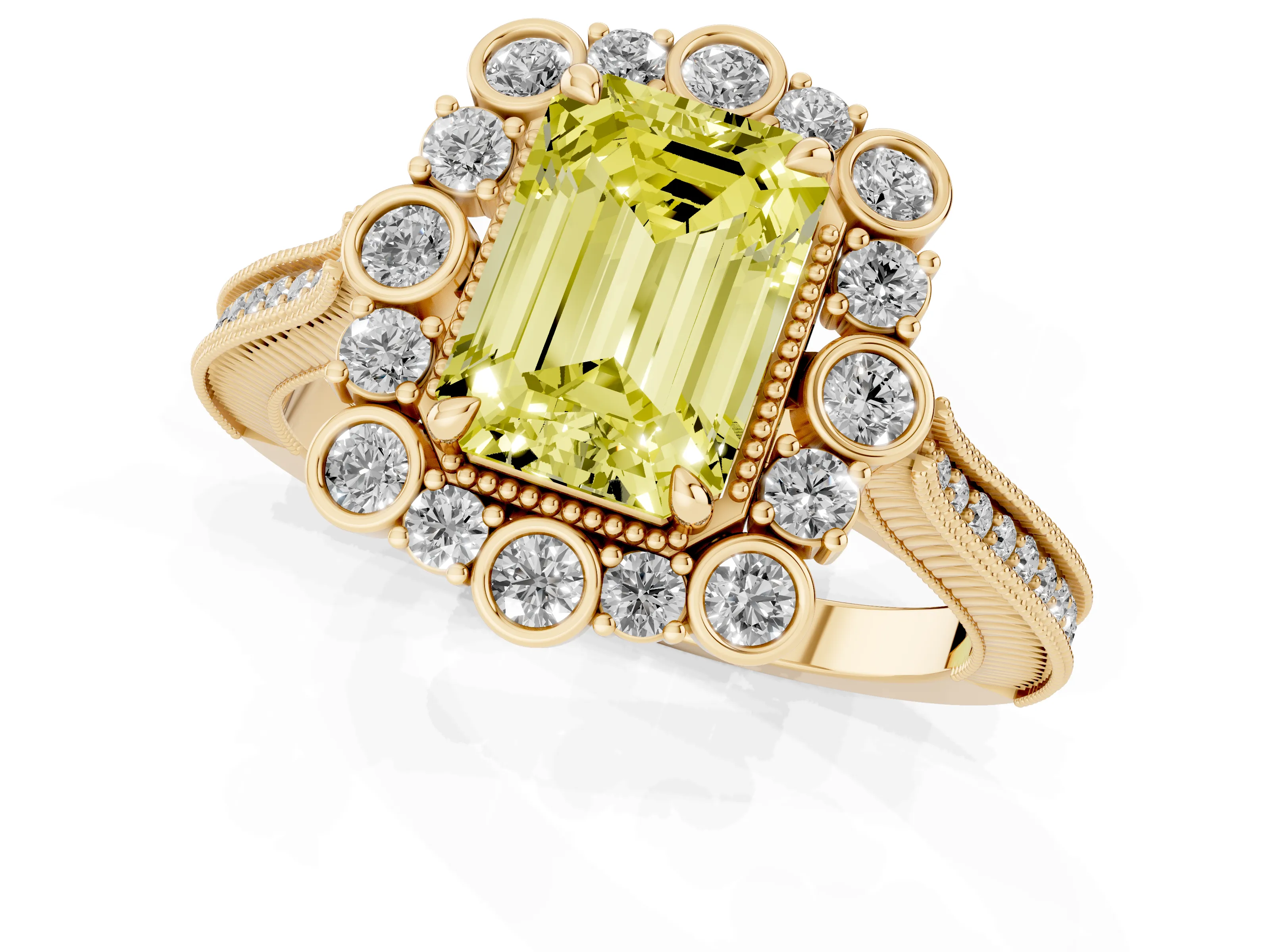 Fancy Yellow Emerald Cut Diamond Halo Milgrain Pavé Ring Set in Yellow gold with Prong Setting