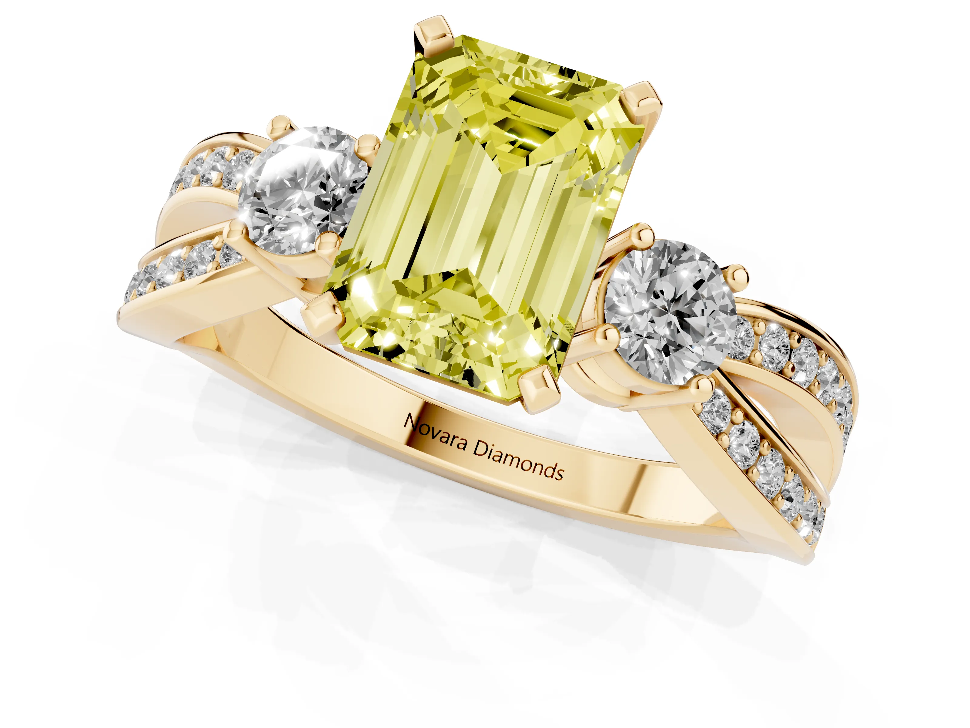 Fancy Yellow Three-Stone Emerald Cut Diamond Twist Band Ring Set in Yellow gold with Pavé Accents and Prong Setting