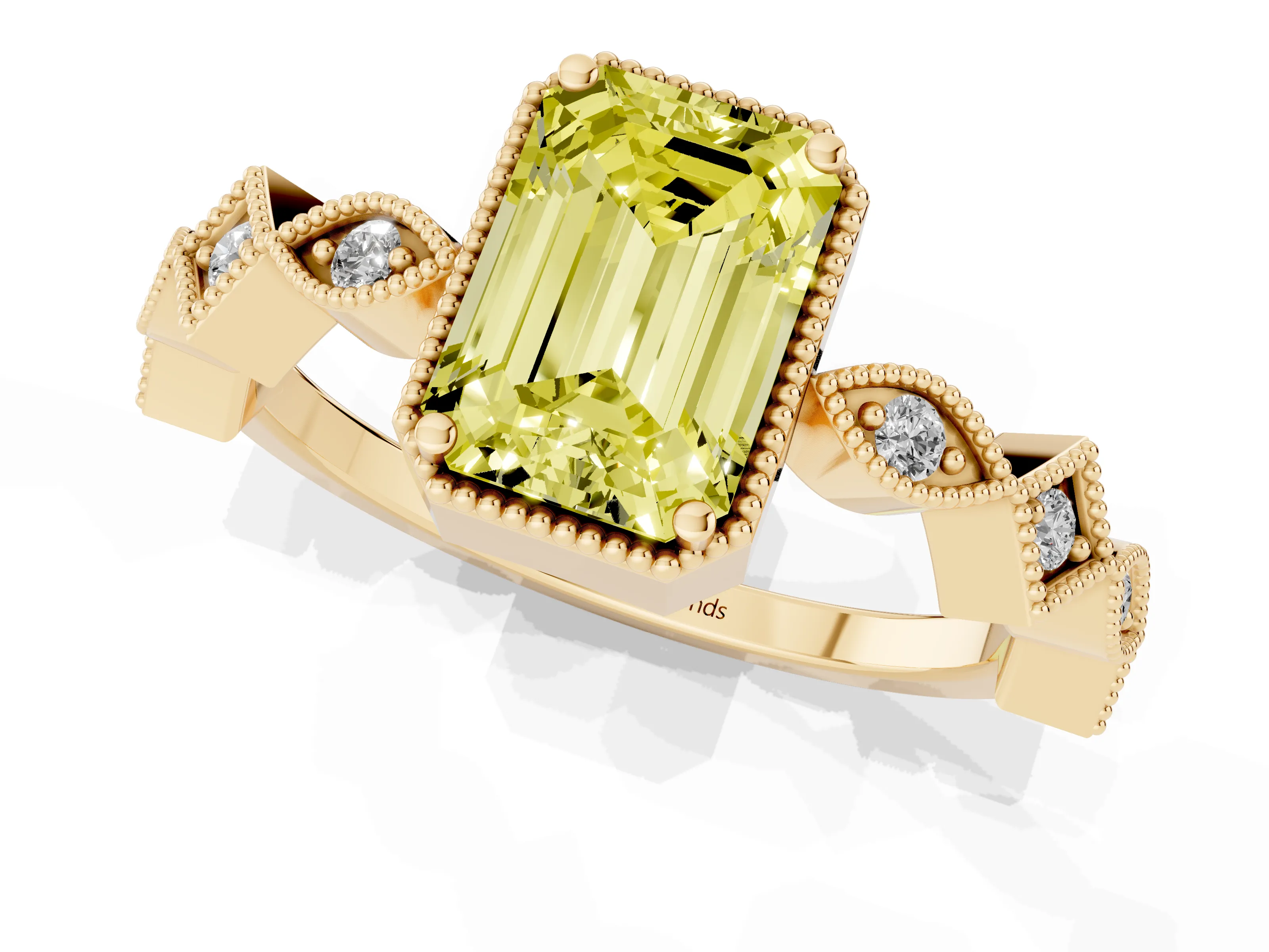 Fancy Yellow Emerald Cut Diamond Milgrain Marquise Twist Band Ring Set in Yellow gold with Prong Setting