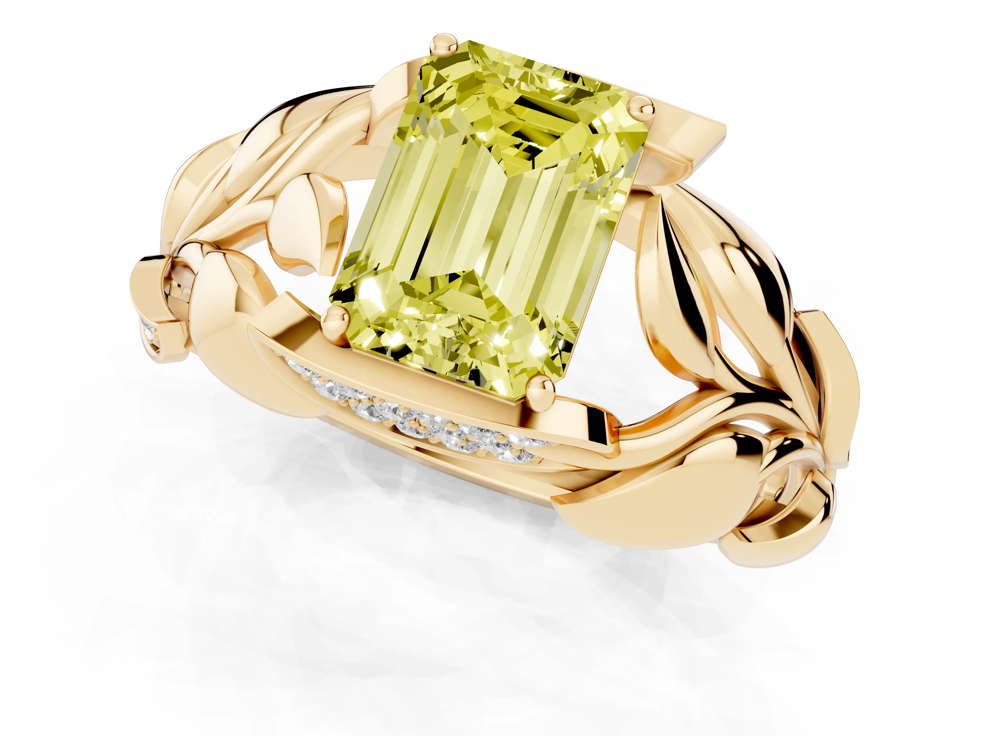 Fancy Yellow Emerald Cut Diamond Leaf-Inspired Engagement Ring Set in Yellow gold with Round Accents