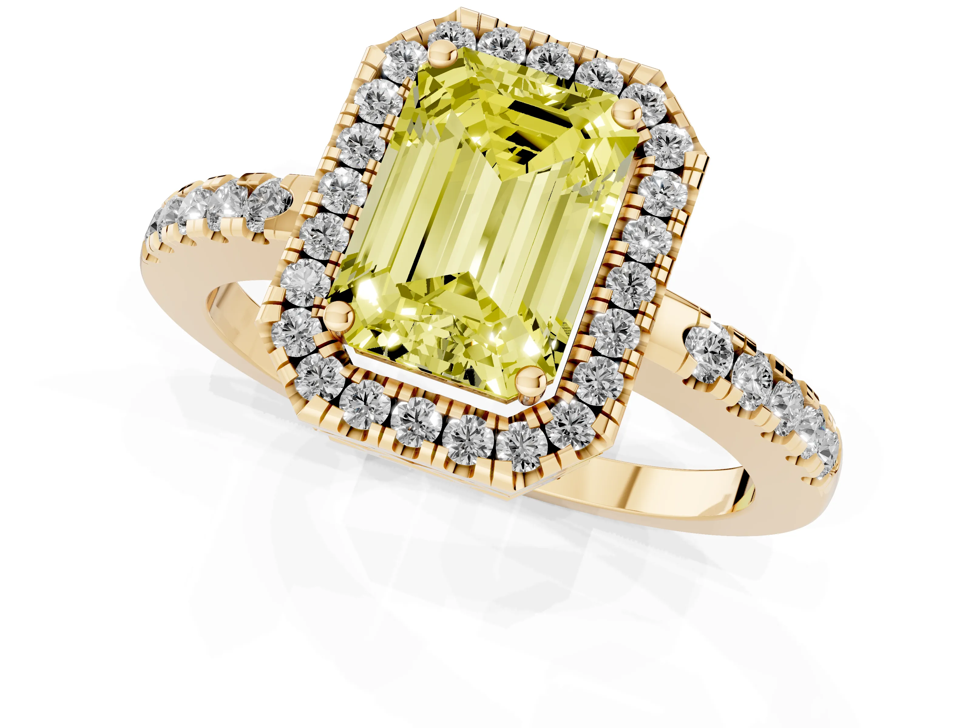 Fancy Yellow Emerald Cut Diamond Pavé Band Halo Engagement Ring Set in Yellow gold with Prong Setting