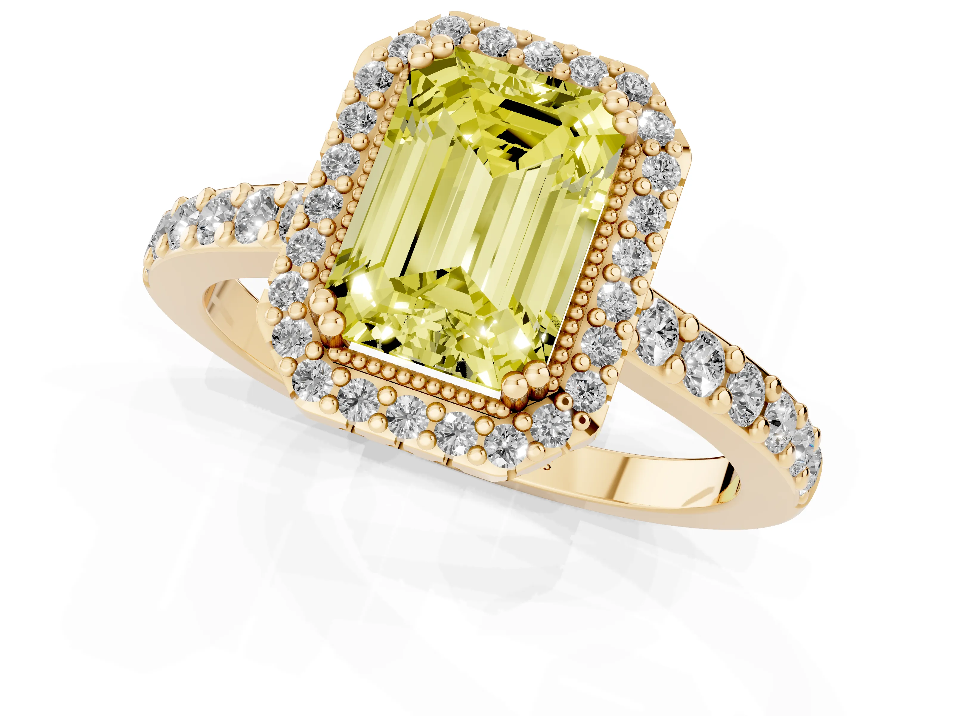 Fancy Yellow Emerald Cut Diamond Halo Engagement Ring Set in Yellow gold with Milgrain Detail and Pavé Band