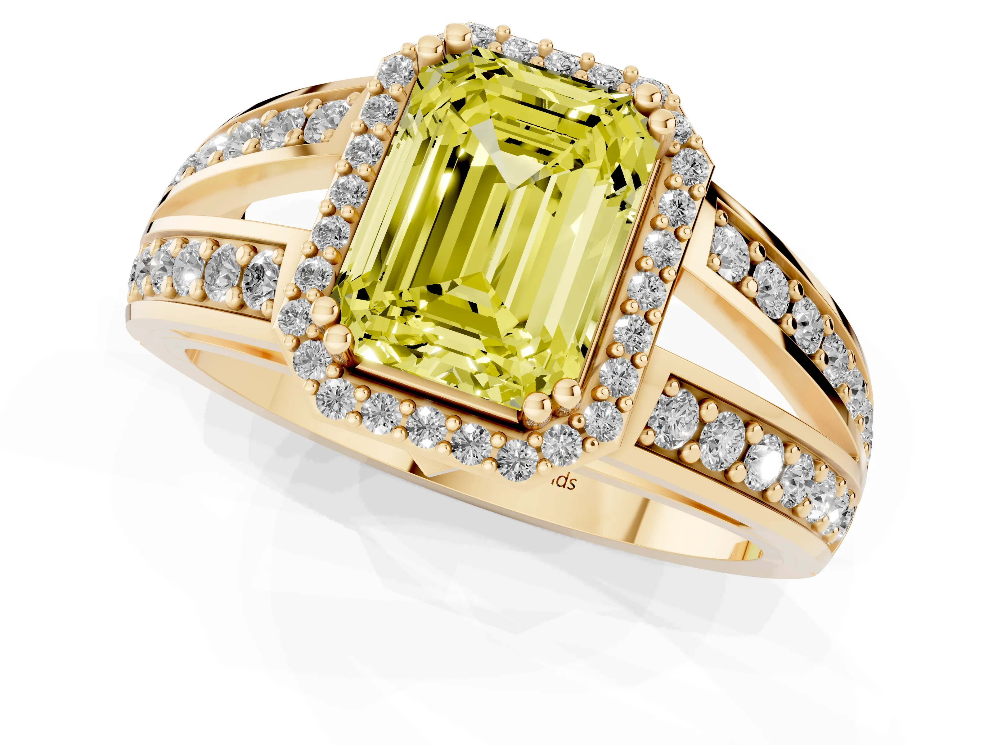 Fancy Yellow Emerald Cut Diamond Halo Ring Set in Yellow gold with Double Pavé Split Shank