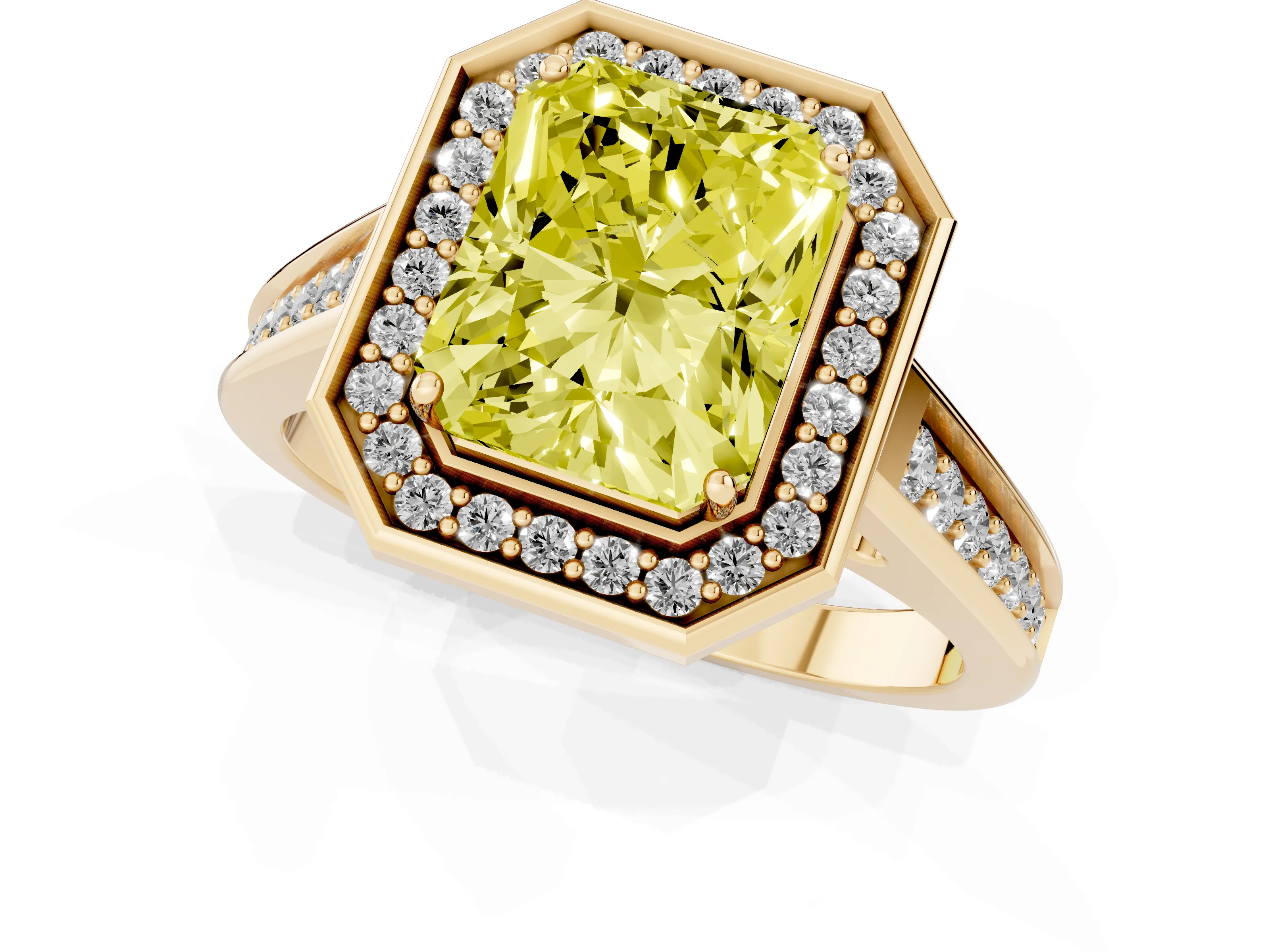 Fancy Yellow Emerald Cut Diamond Halo Solitaire Ring Set in Yellow gold with Pavé Band and Bezel Setting