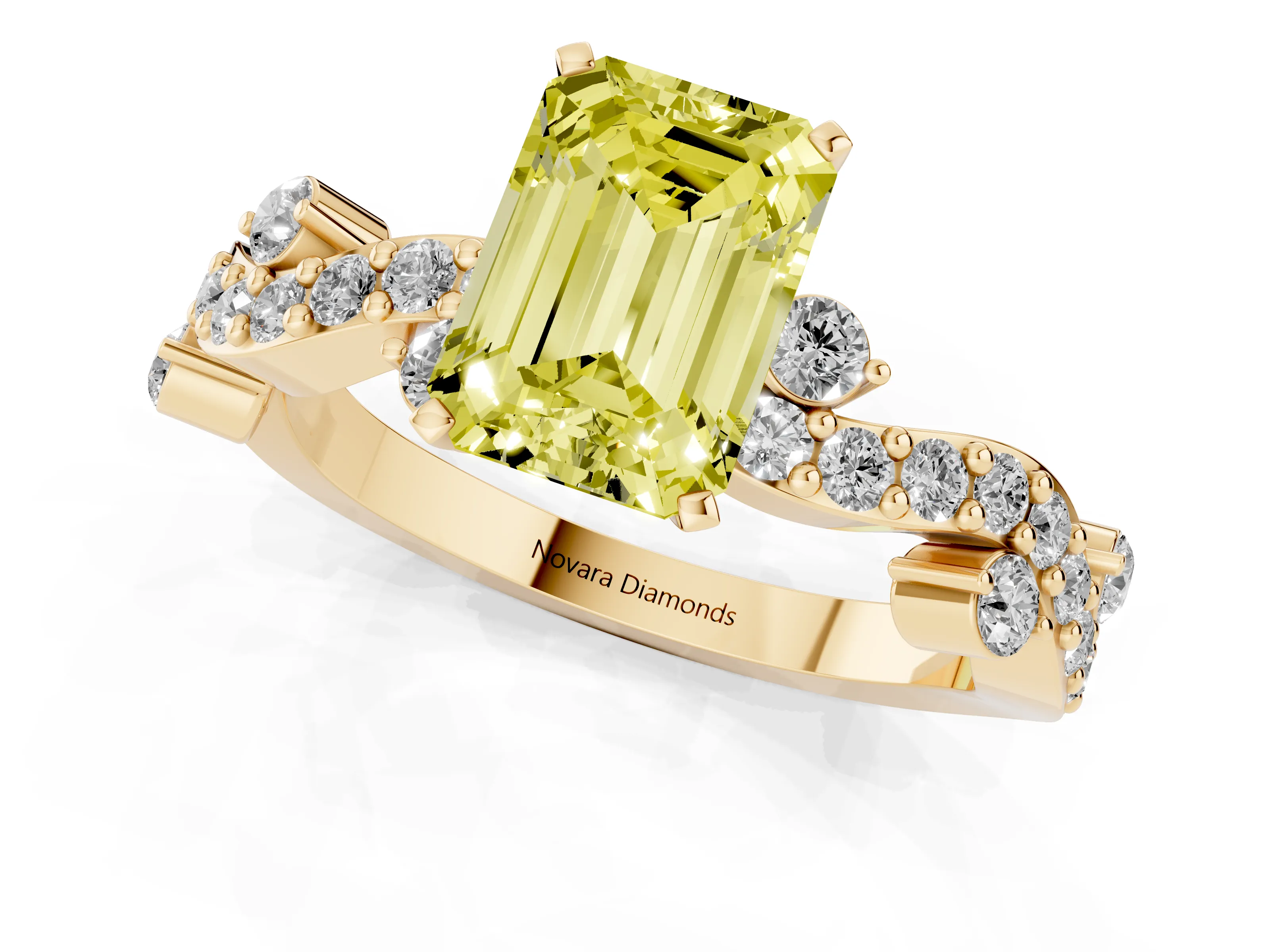 Fancy Yellow Emerald Cut Diamond Solitaire Twisted Band Set in Yellow gold with Pavé Setting