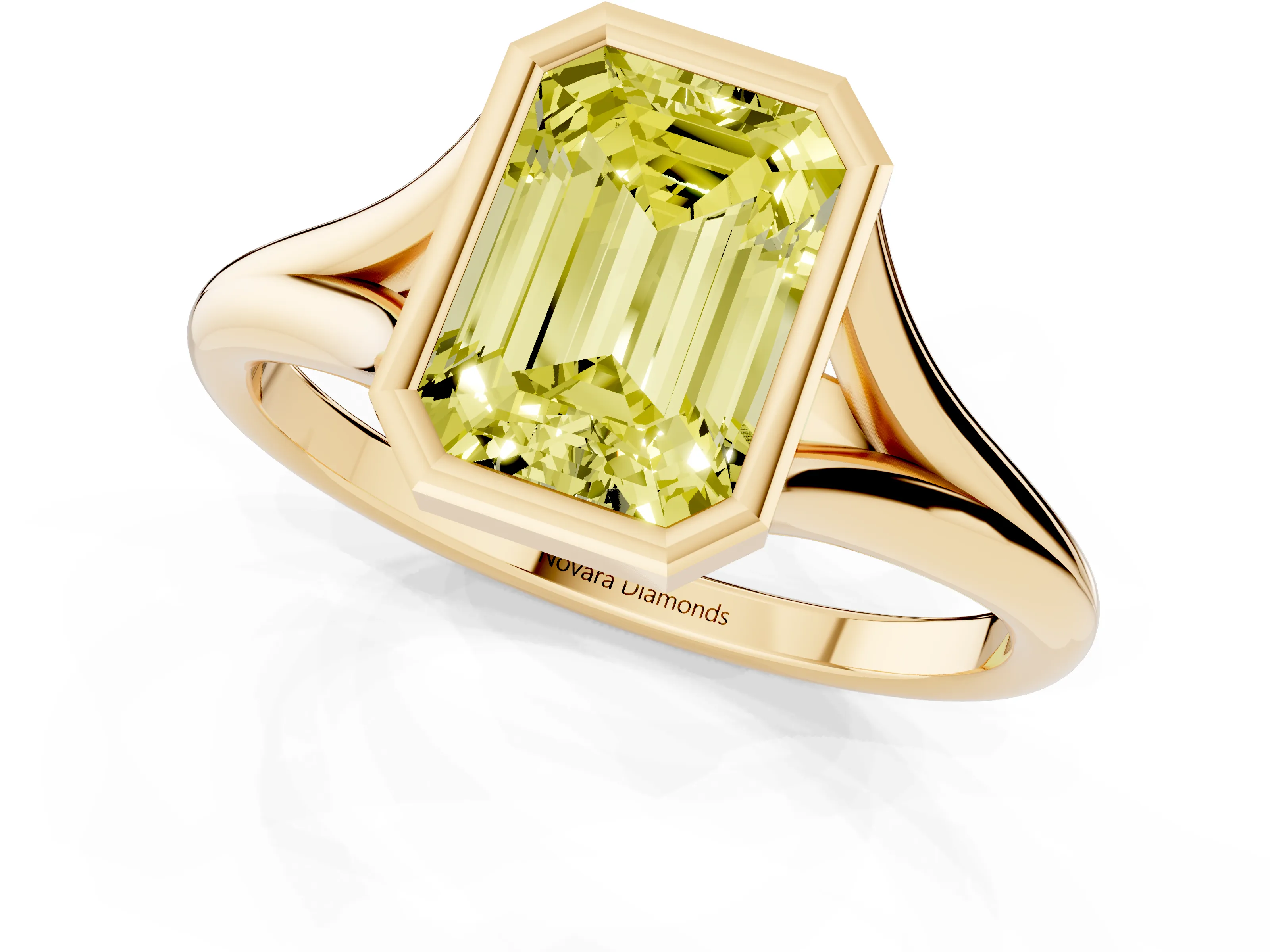 Fancy Yellow Bezel Set Emerald Cut Diamond Solitaire Ring Set in Yellow gold with Tapered Band