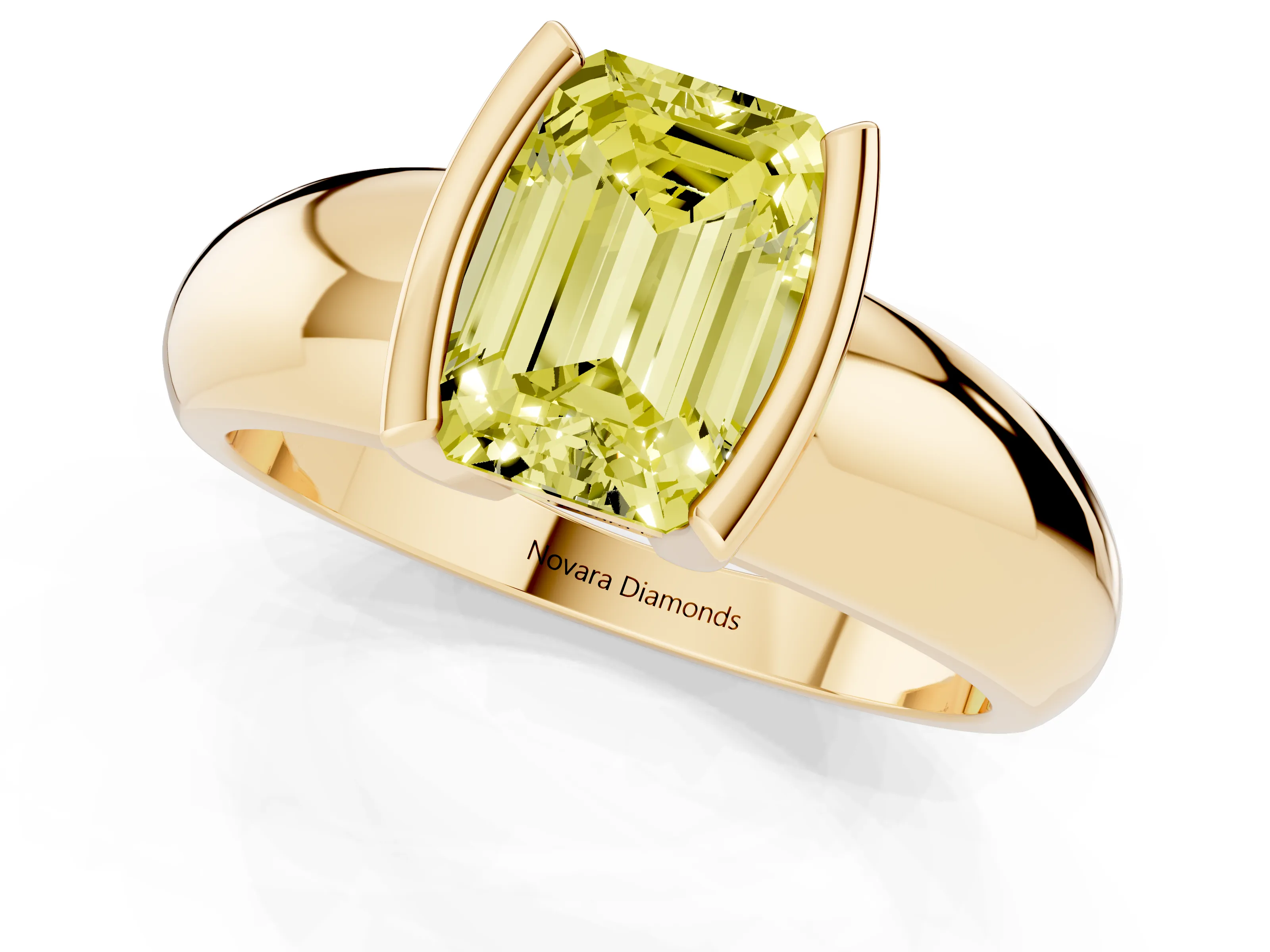 Fancy Yellow Emerald Cut Diamond Solitaire Tension Set Ring Set in Yellow gold with Wide Band