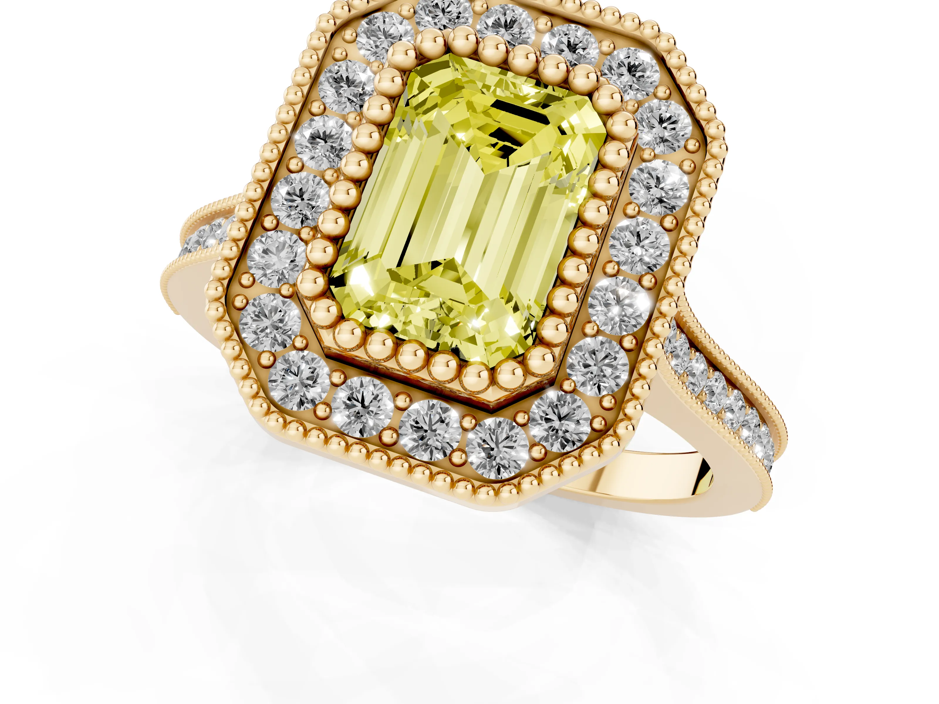 Fancy Yellow Emerald Cut Diamond Halo Ring Set in Yellow gold with Milgrain Frame and Pavé Band