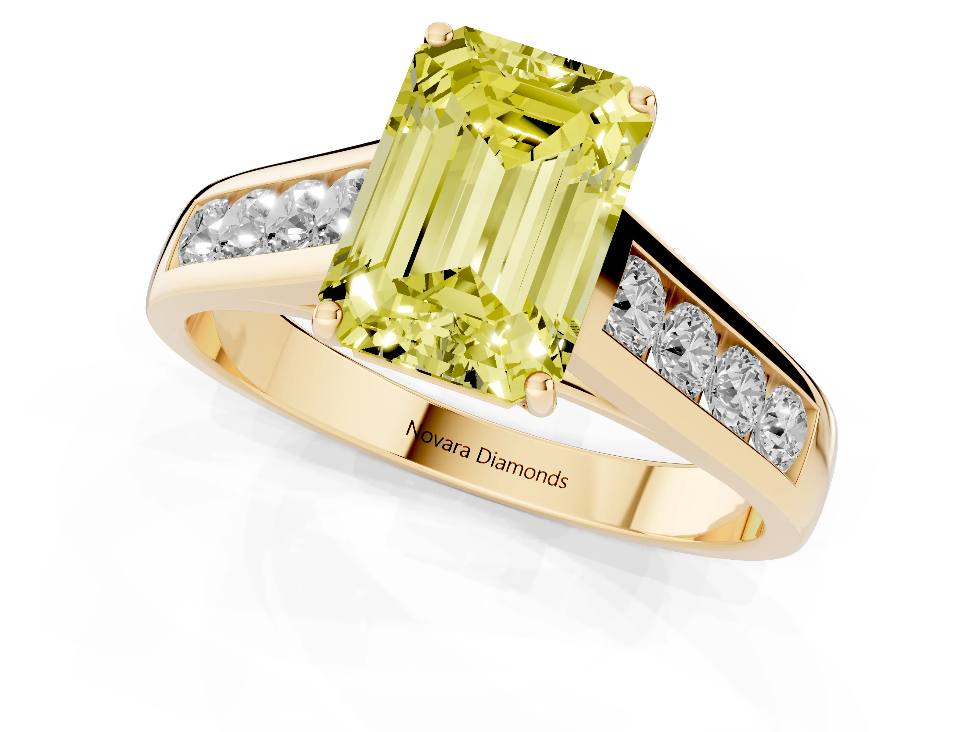 Fancy Yellow Emerald Cut Diamond Brilliant Channel-Set Solitaire Ring Set in Yellow gold with Prong Setting