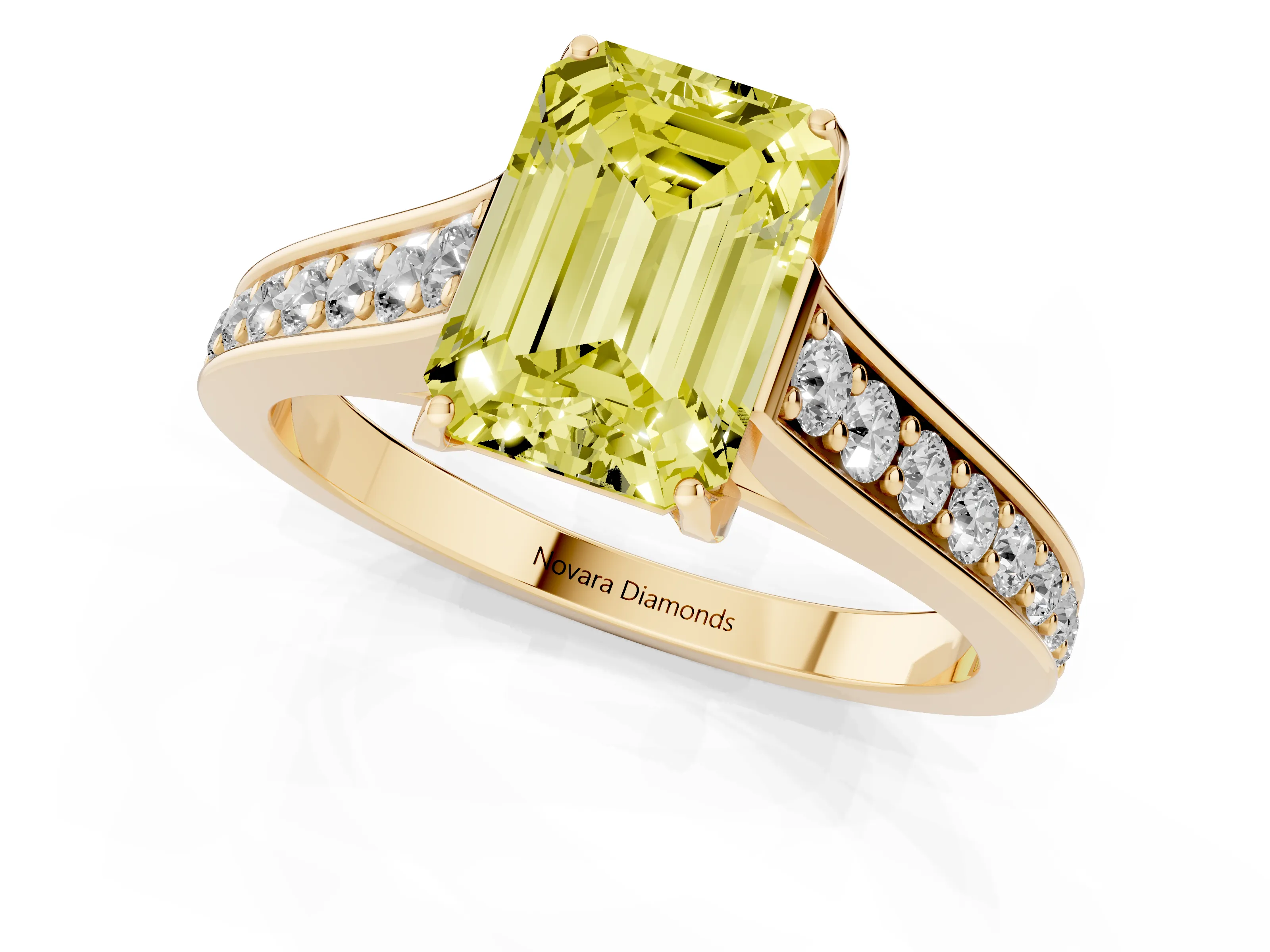 Fancy Yellow Emerald Cut Diamond Solitaire Pavé Engagement Ring Set in Yellow gold with Prong Setting