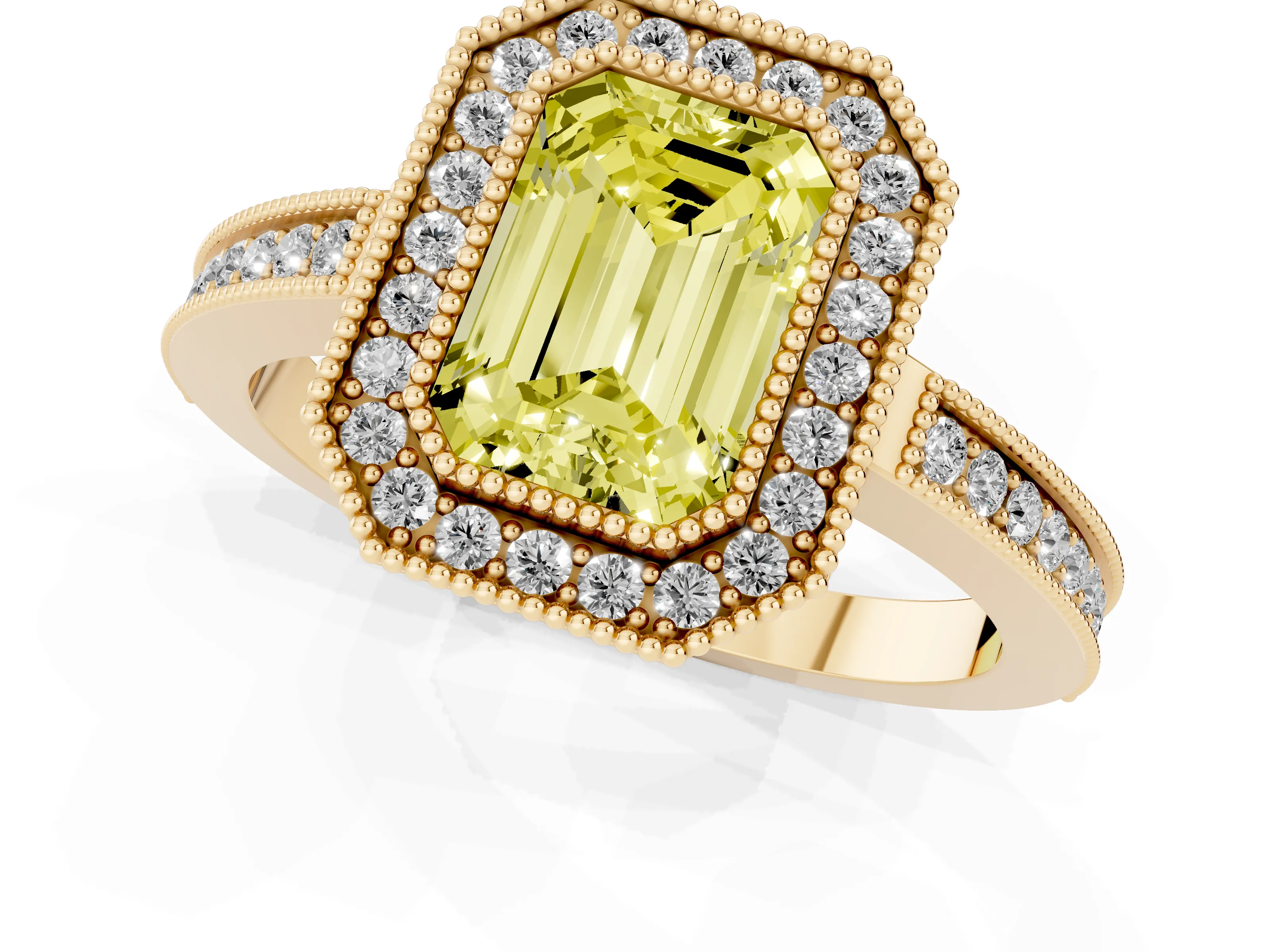 Fancy Yellow Emerald Cut Diamond Halo Ring Set in Yellow gold with Pavé Band and Milgrain-Edged Prongs