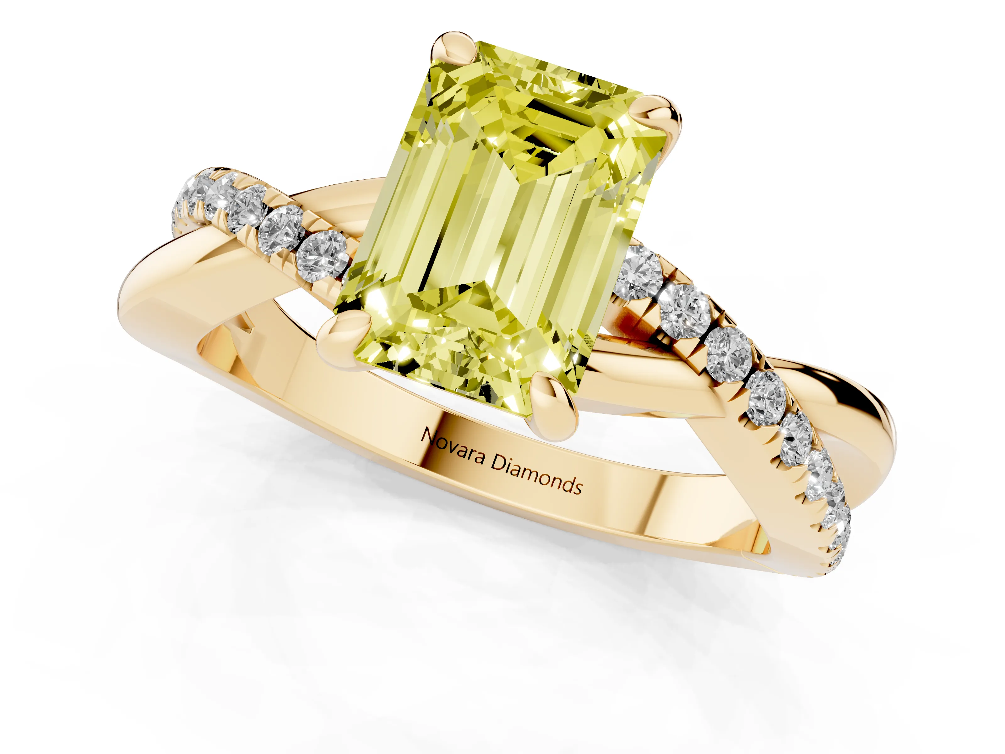 Fancy Yellow Emerald Cut Diamond Twist Band Solitaire Set in Yellow gold with Pavé Accents and Prong Setting