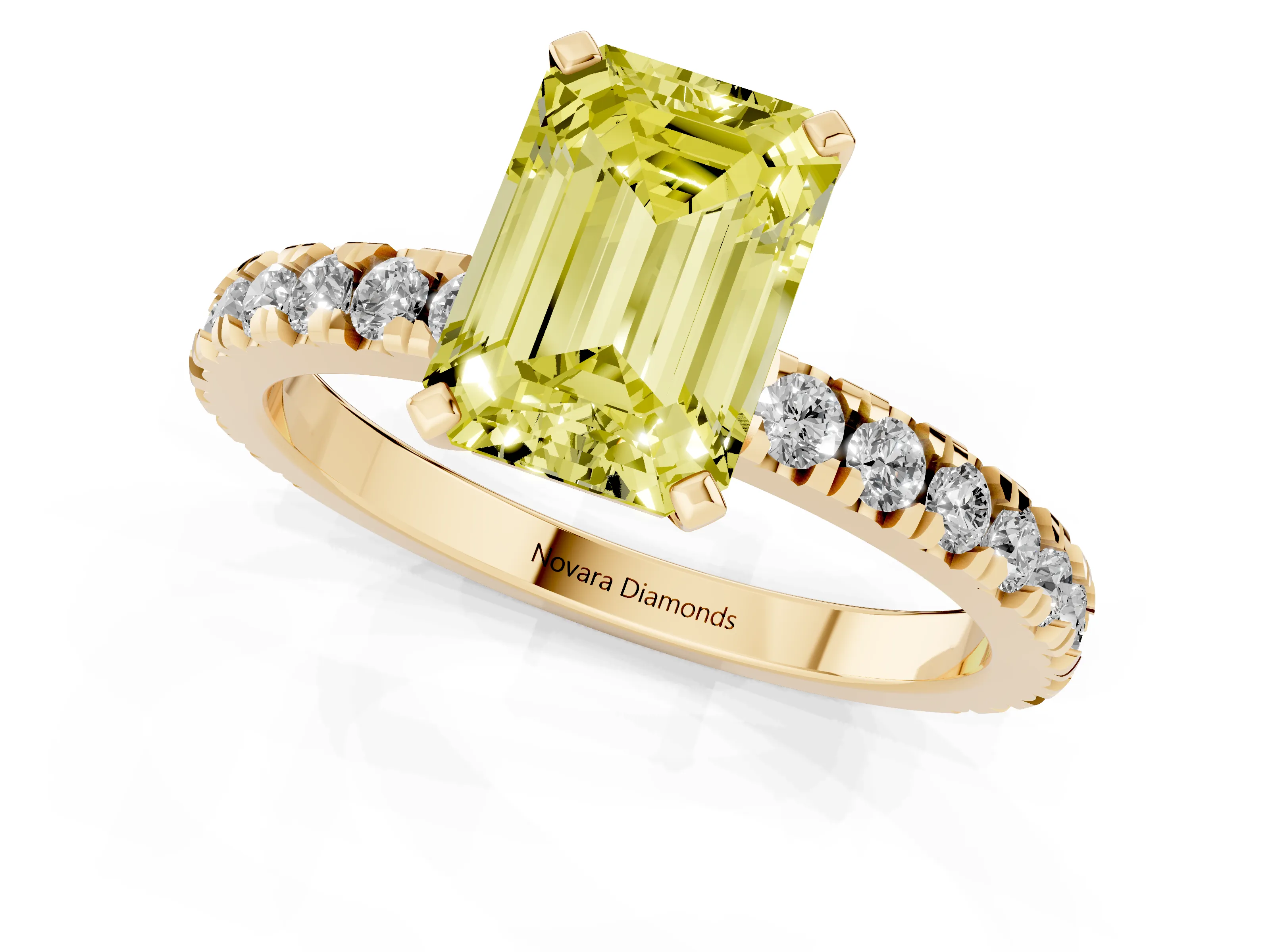 Fancy Yellow Emerald Cut Diamond Pavé Band Solitaire Set in Yellow gold with Prong Setting
