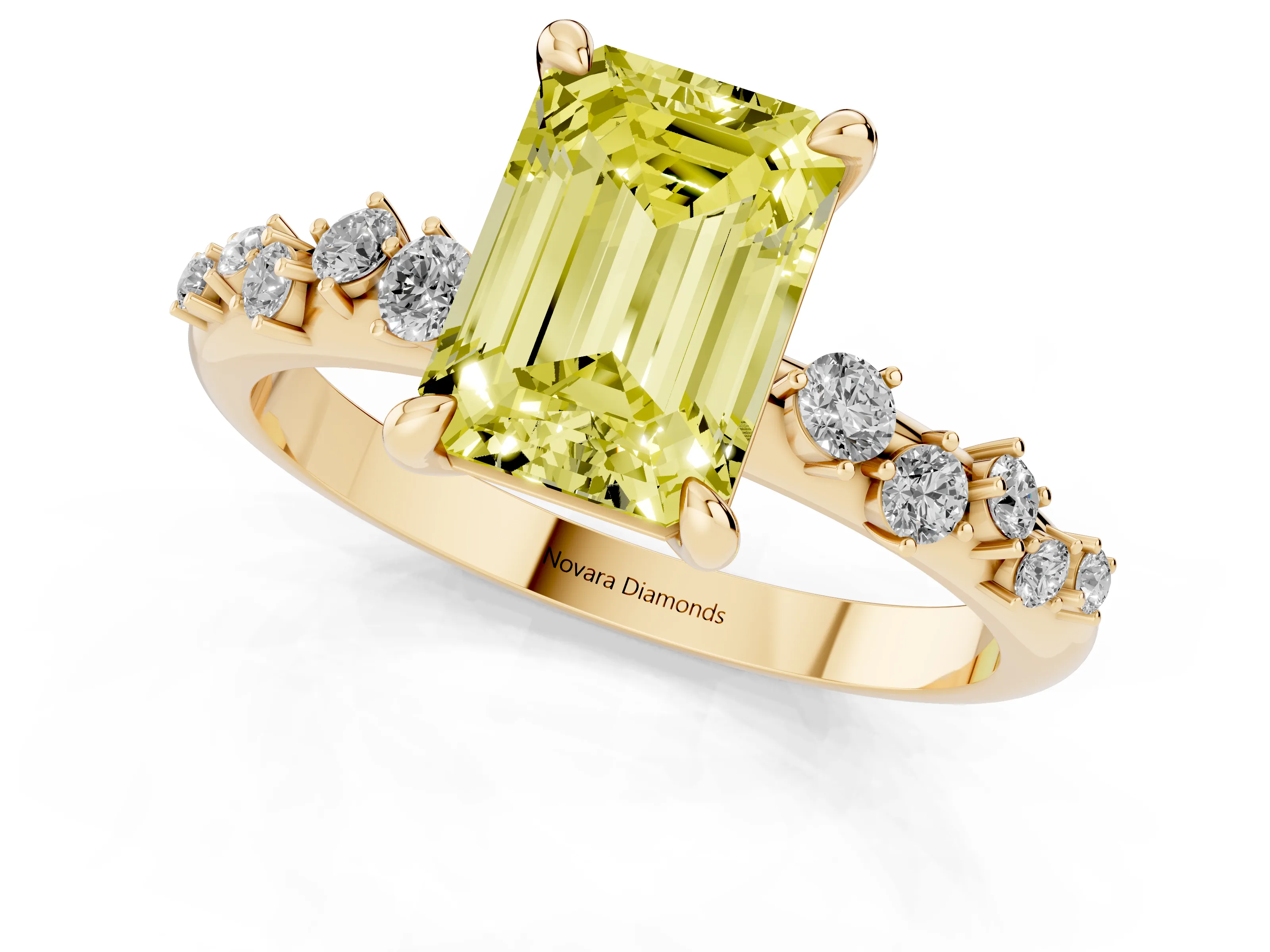 Fancy Yellow Emerald Cut Diamond Solitaire Vine Band Ring Set in Yellow gold with Round Accents and Prong Setting – second view