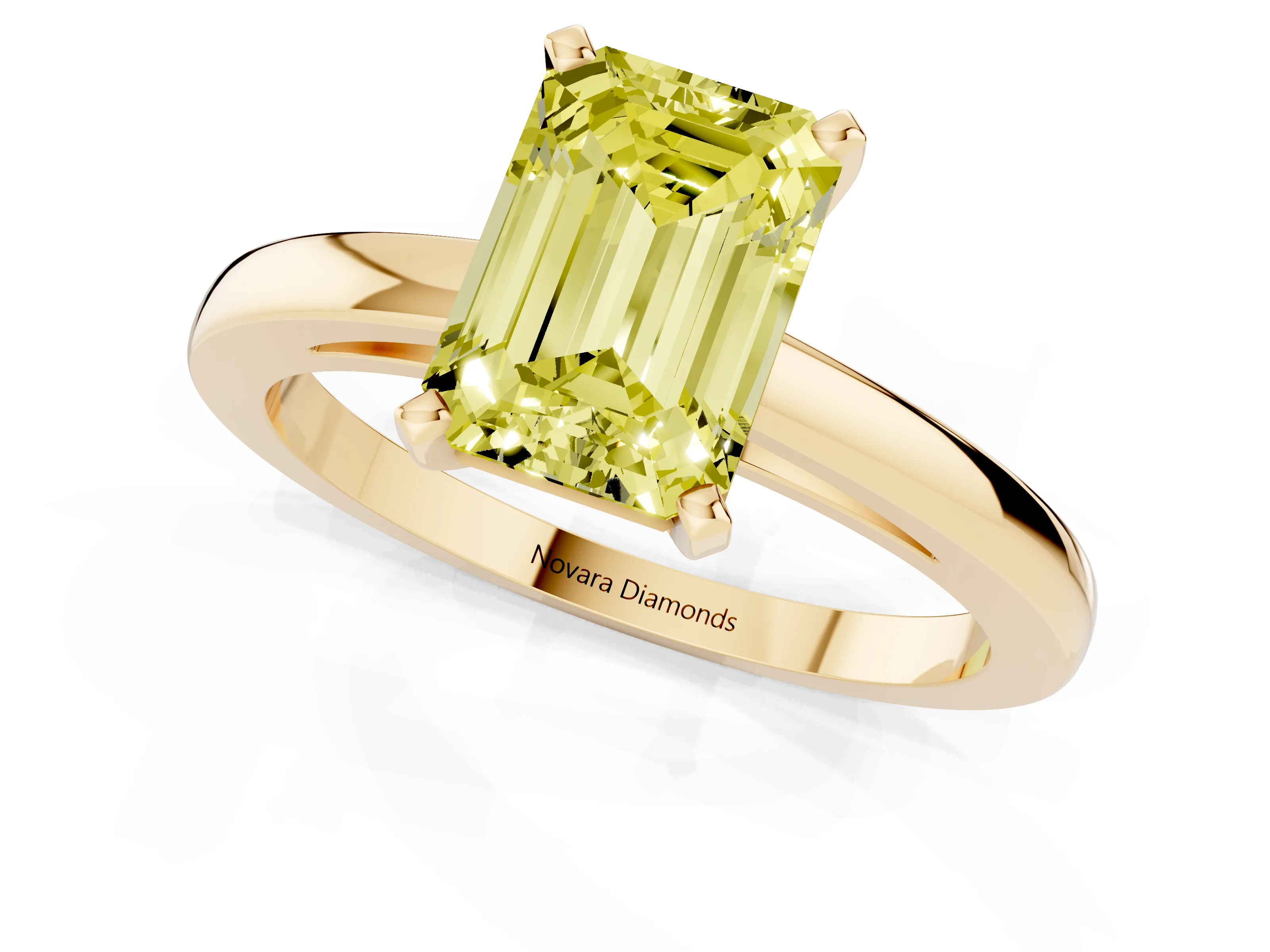 Fancy Yellow Emerald Cut Diamond Solitaire Engagement Ring Set in Yellow gold with Prong Setting on a Classic Band
