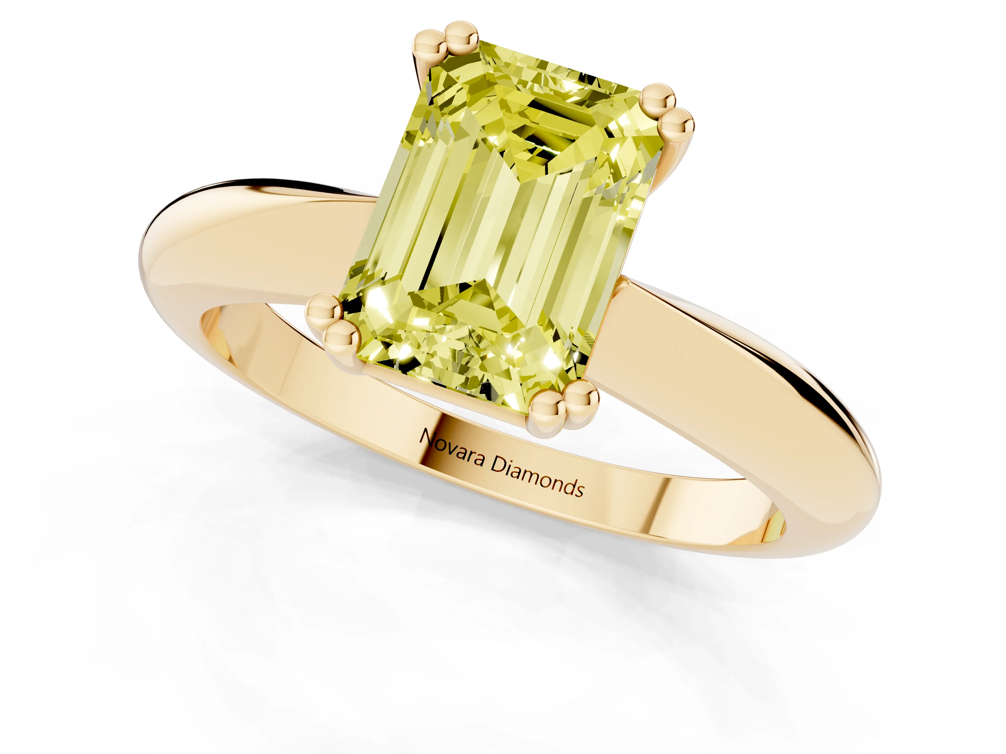 Fancy Yellow Emerald Cut Diamond Solitaire Engagement Ring Set in Yellow gold with Tapered Band and Prong Setting