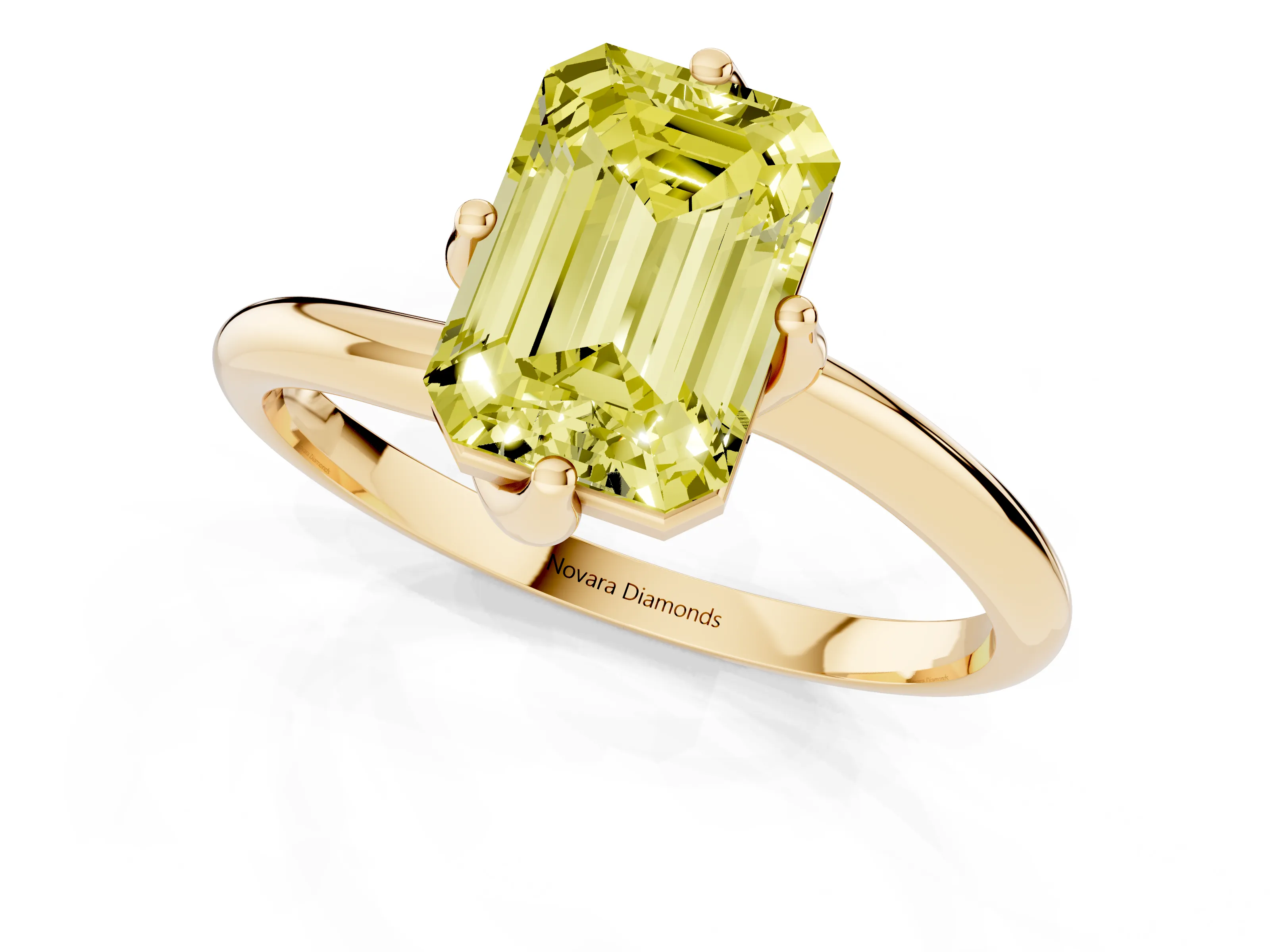 Fancy Yellow Emerald Cut Diamond Solitaire Engagement Ring Set in Yellow gold with Classic Plain Band