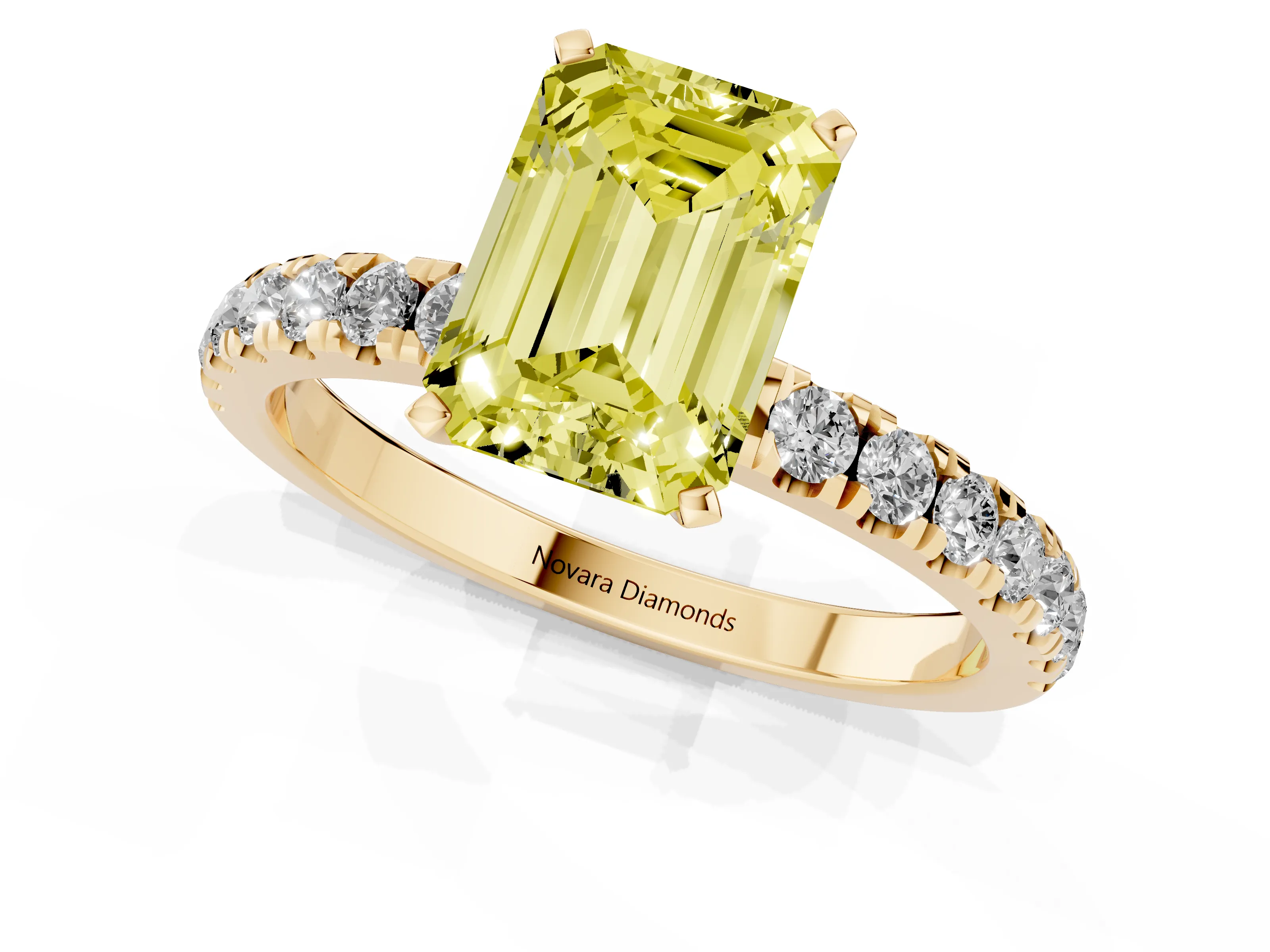Fancy Yellow Emerald Cut Diamond Solitaire Ring Set in Yellow gold with Pavé Accents and Prong Setting
