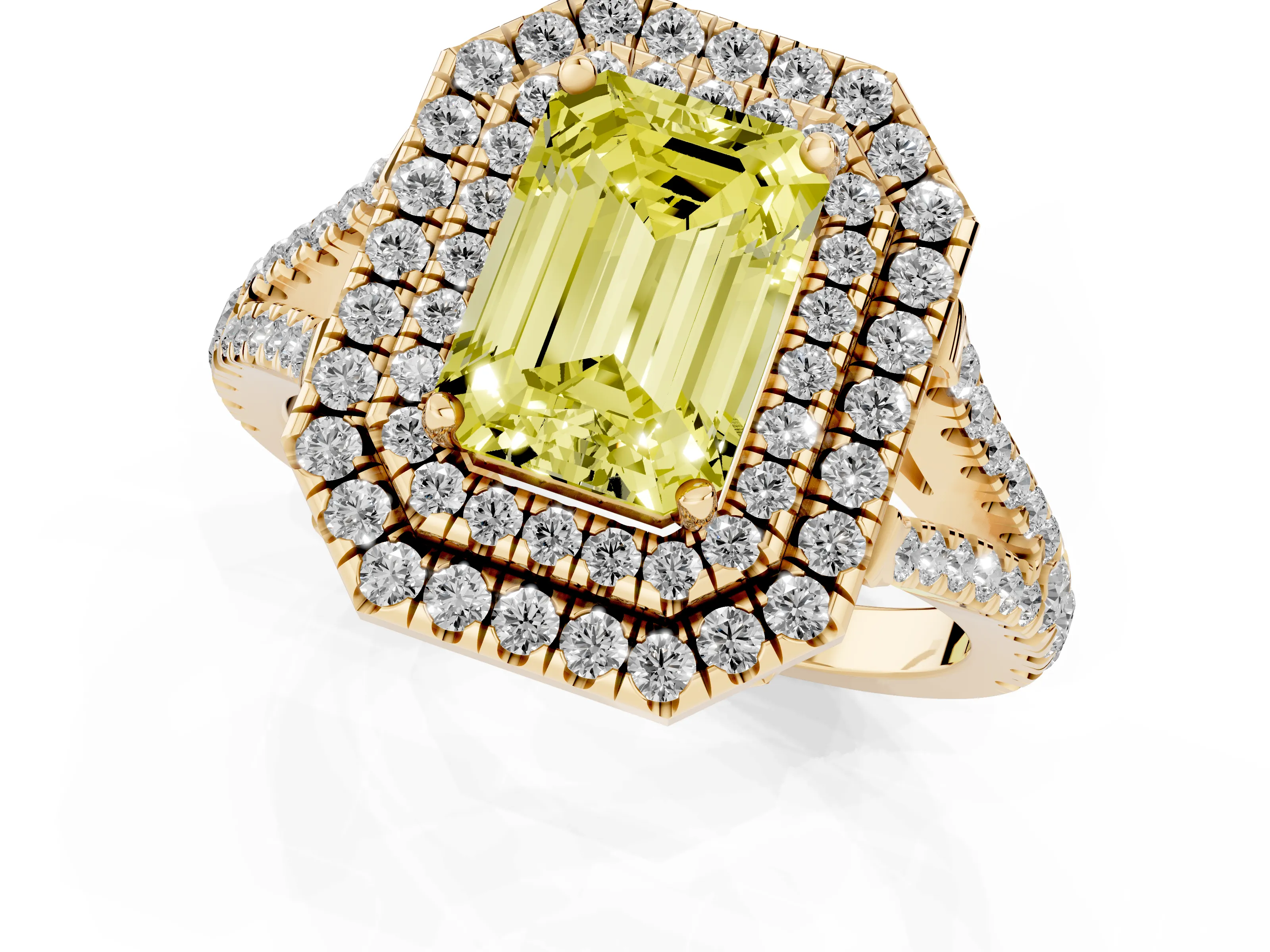 Fancy Yellow Emerald Cut Diamond Double Halo Ring Set in Yellow gold with Pavé Band