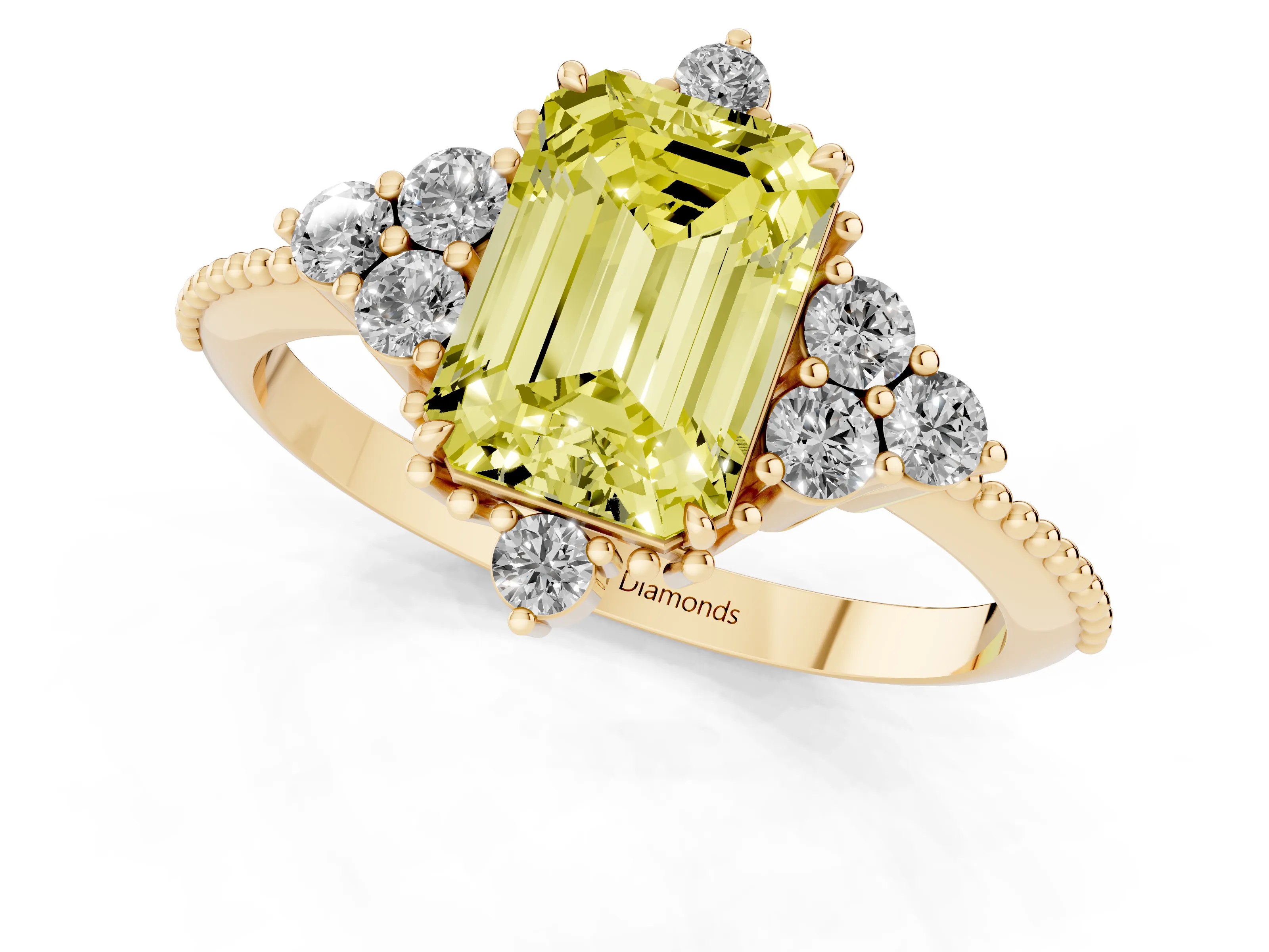 Fancy Yellow Emerald Cut Diamond Cluster Ring Set in Yellow gold with Beaded Band