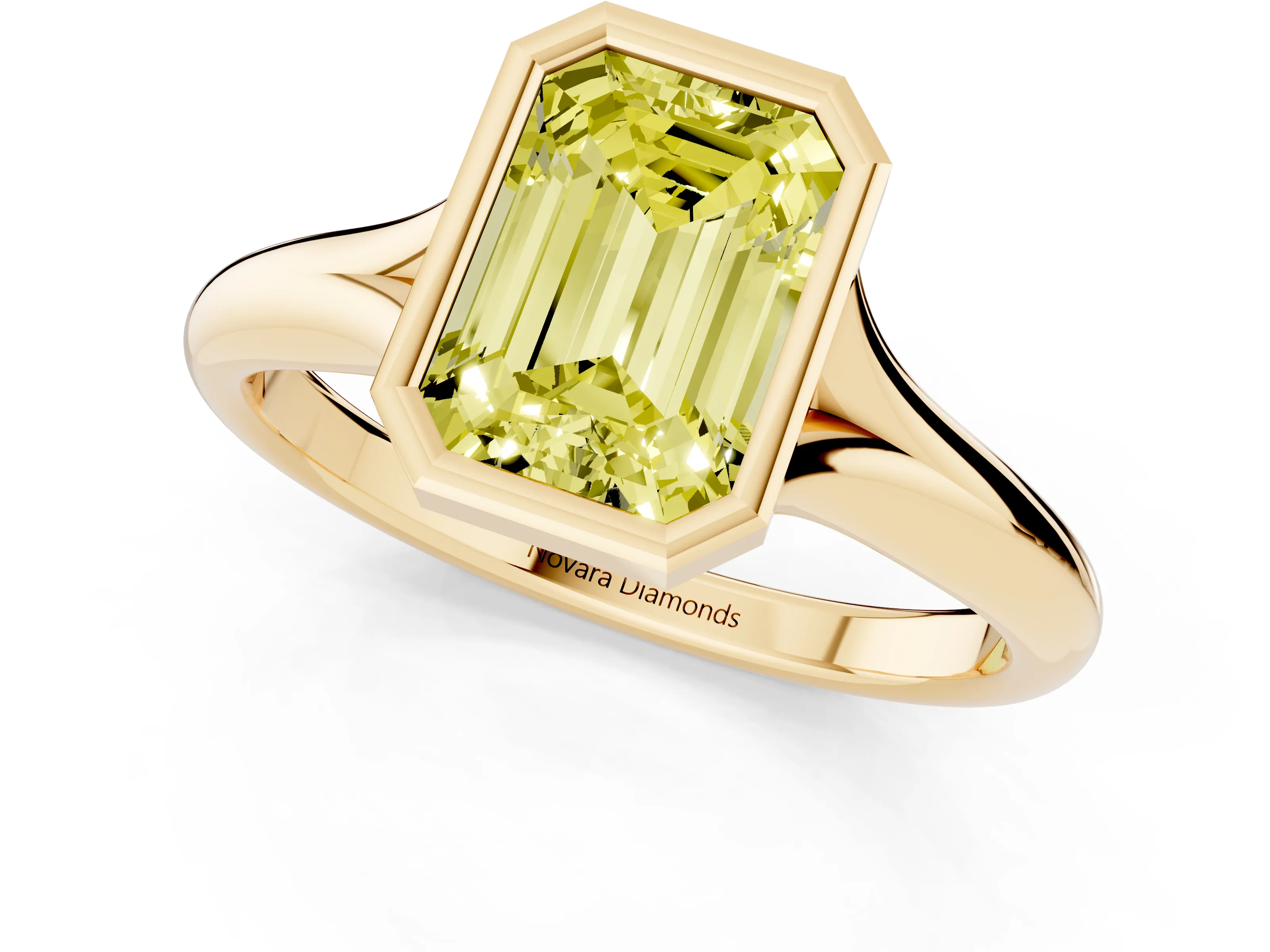 Fancy Yellow Bezel Set Emerald Cut Diamond Solitaire Ring Set in Yellow gold with Smooth Band