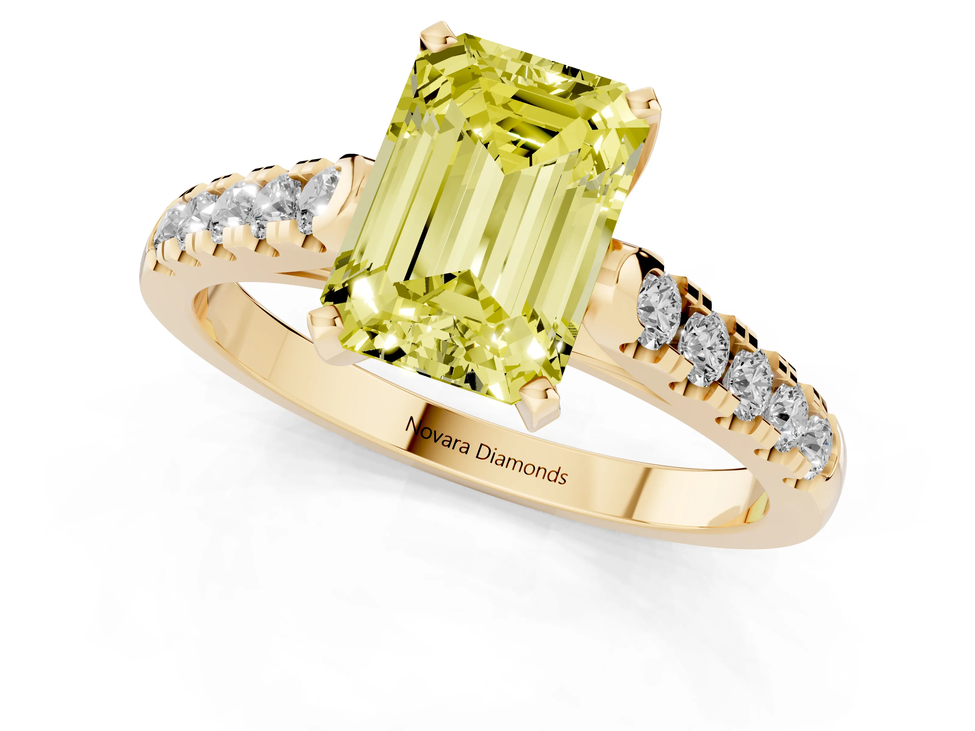 Fancy Yellow Emerald Cut Diamond Pavé Band Solitaire Ring Set in Yellow gold with Partway Accent Stones and Prong Setting