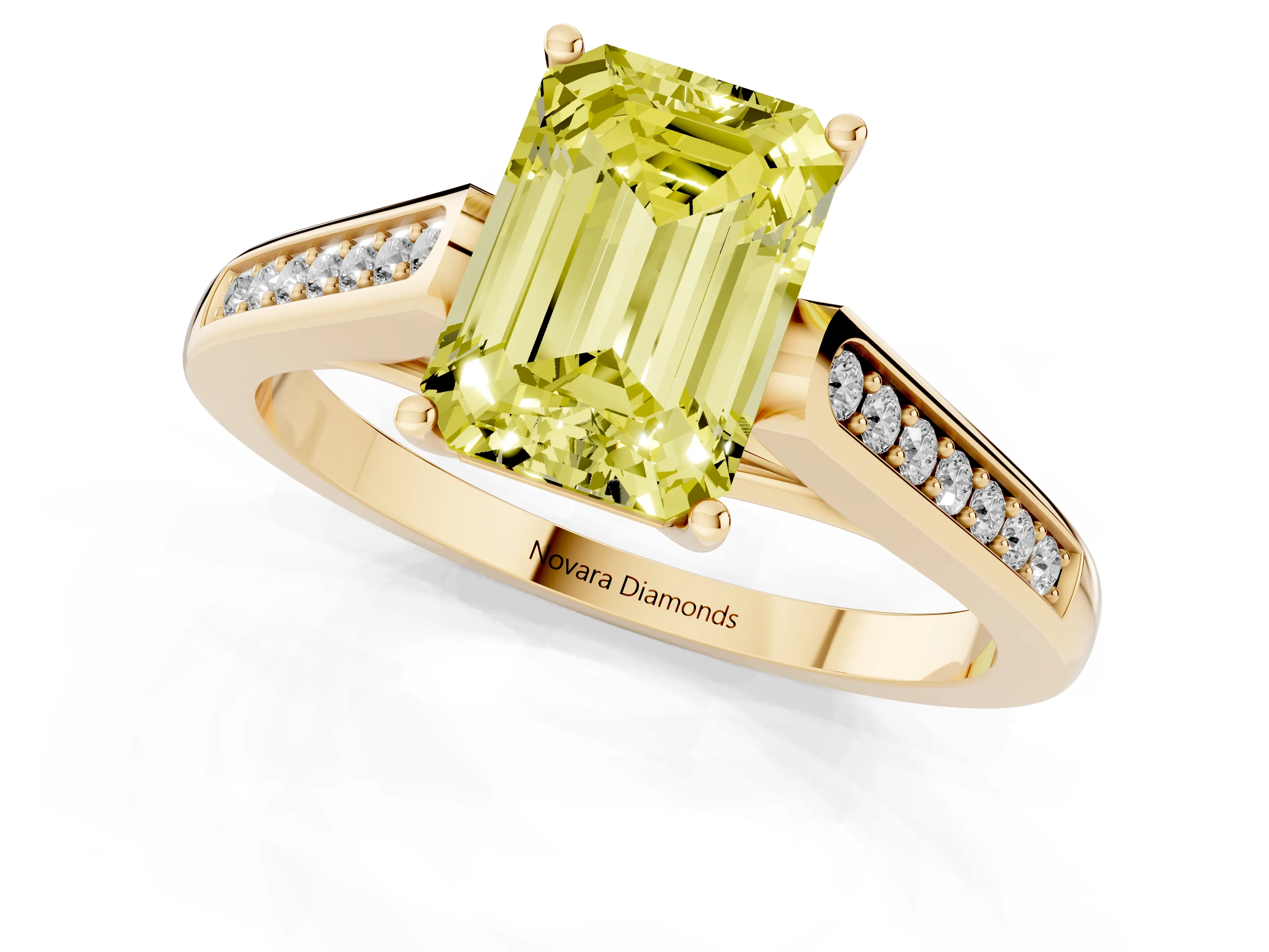 Fancy Yellow Emerald Cut Diamond Solitaire Cathedral Engagement Ring Set in Yellow gold with Channel-Set Band and Prong Setting