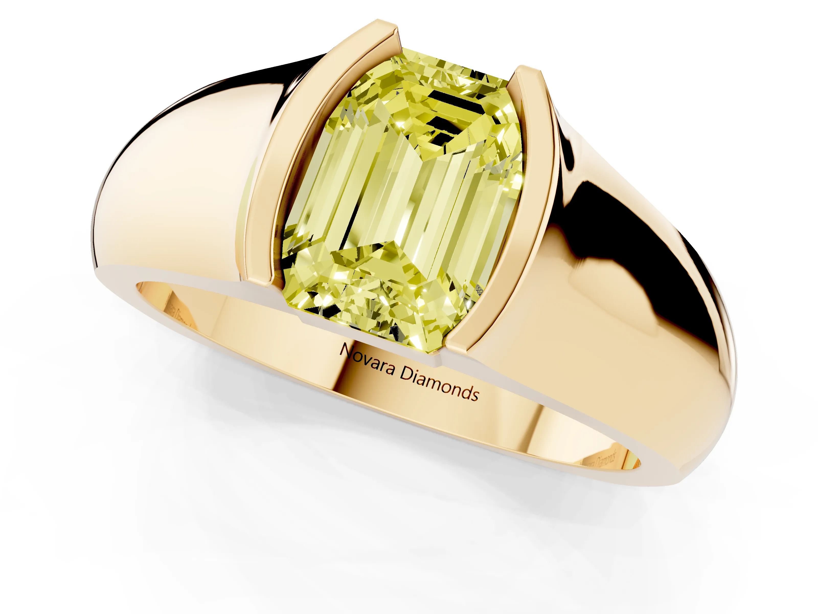 Fancy Yellow Emerald Cut Diamond Bezel Solitaire Ring Set in Yellow gold with Wide Band
