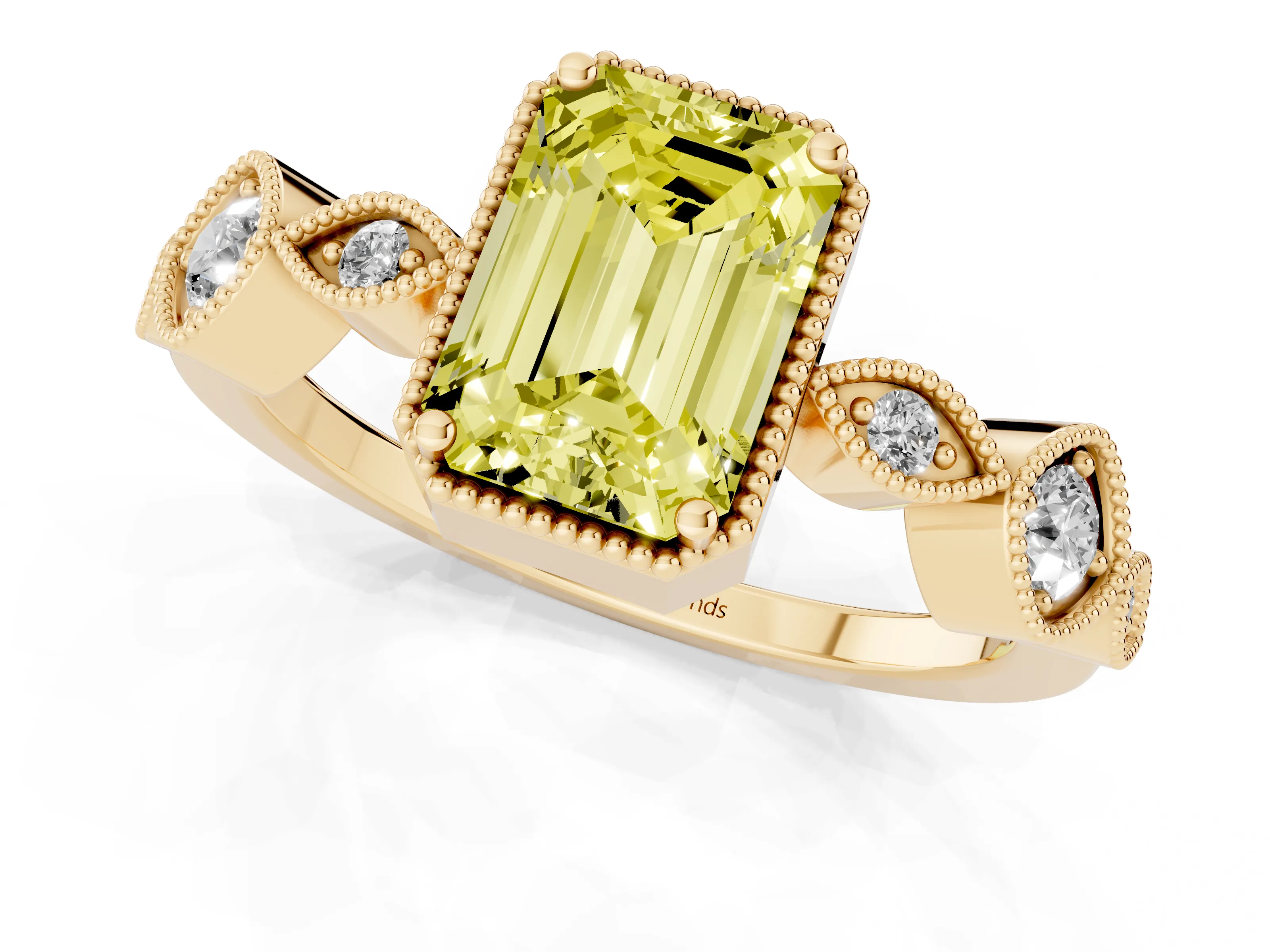 Fancy Yellow Emerald Cut Diamond Vintage-Inspired Milgrain Ring Set in Yellow gold with Marquise Stations of Round Accents