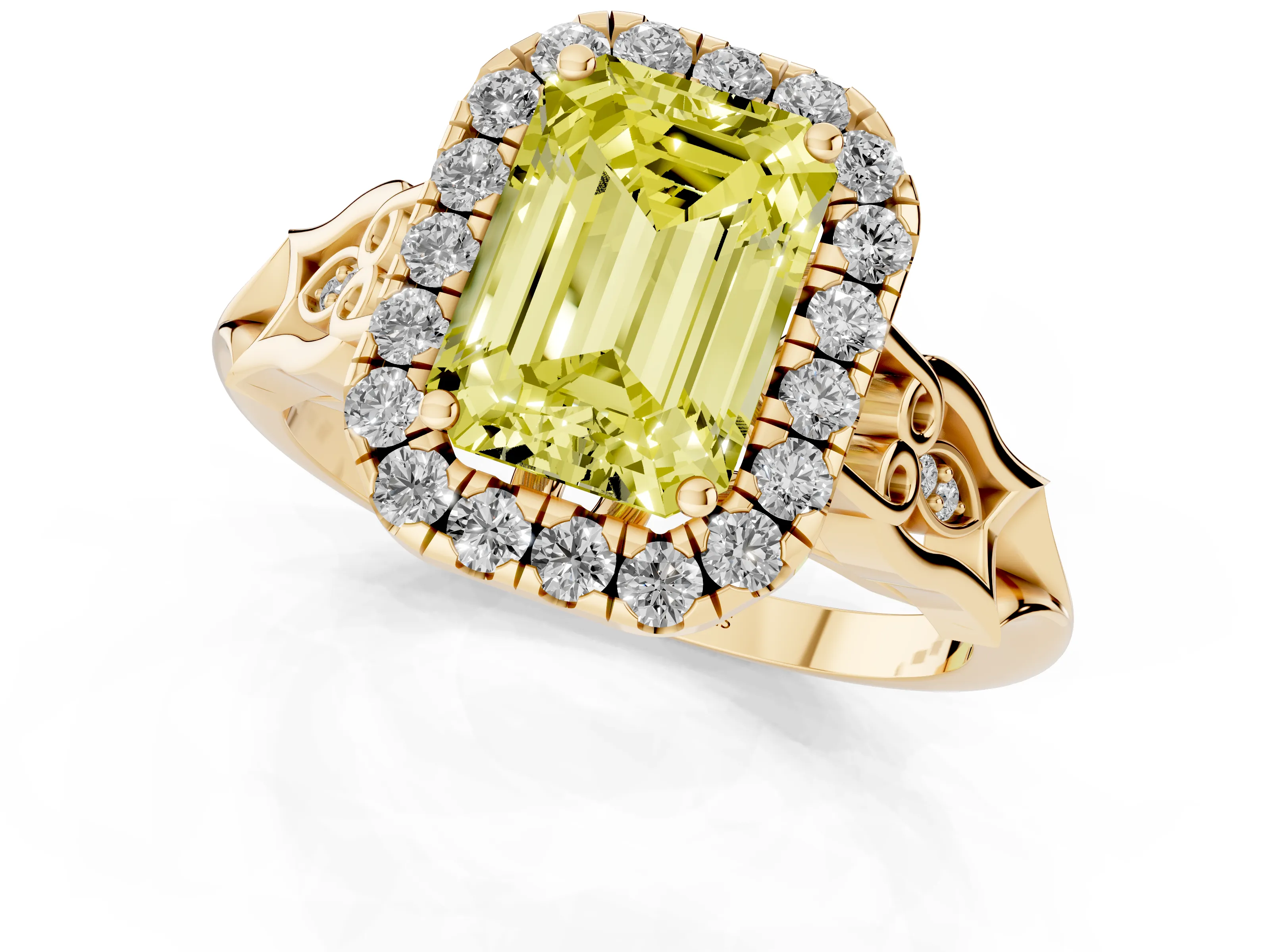 Fancy Yellow Emerald Cut Diamond Halo Engagement Ring Set in Yellow gold with Filigree Band and Prong-Set Center