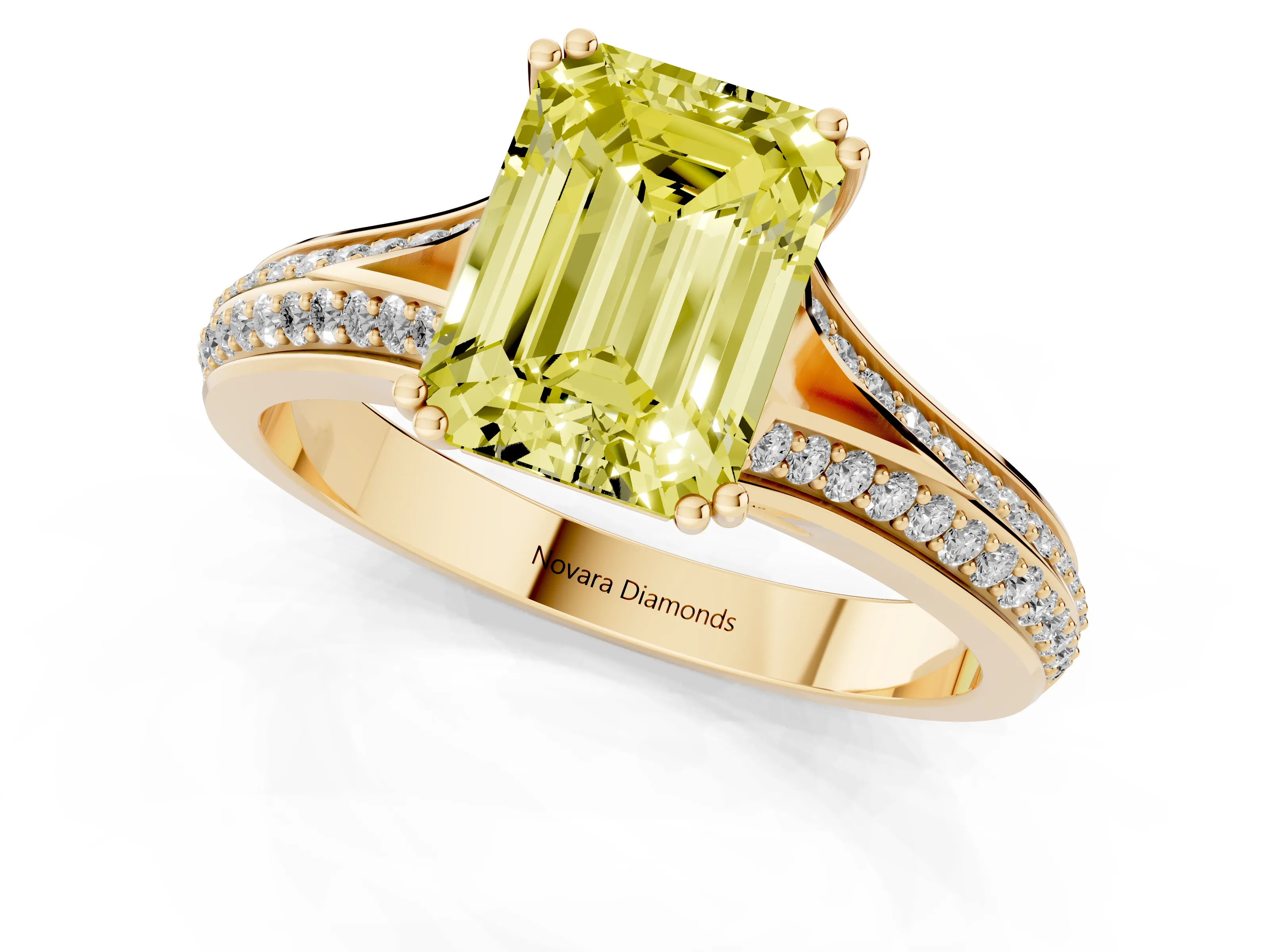 Fancy Yellow Emerald Cut Diamond Split Shank Pavé Engagement Ring Set in Yellow gold with Prong-Set Center Stone