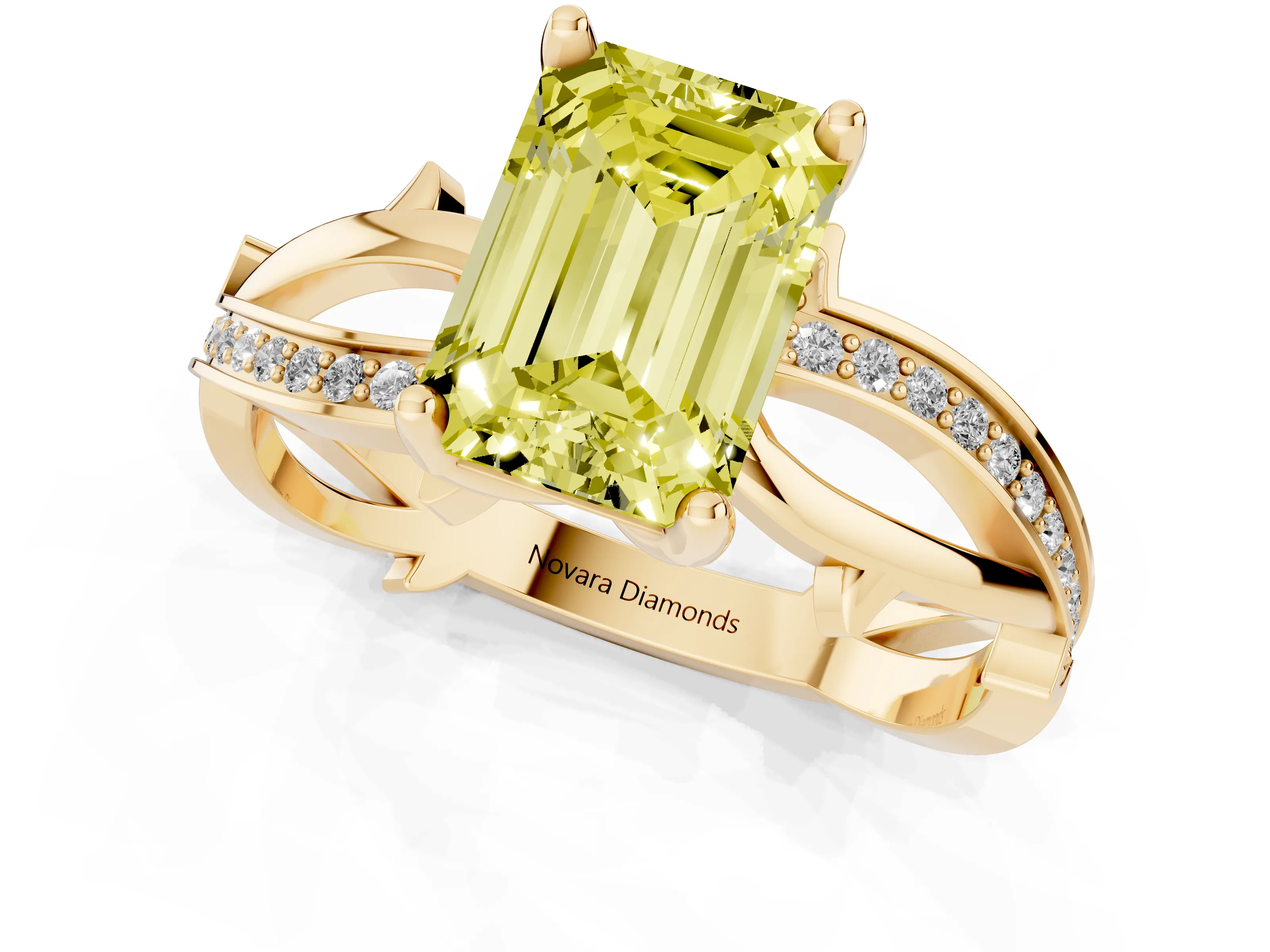Fancy Yellow Emerald Cut Diamond Pavé Twist Band Solitaire Ring Set in Yellow gold with Prong Setting