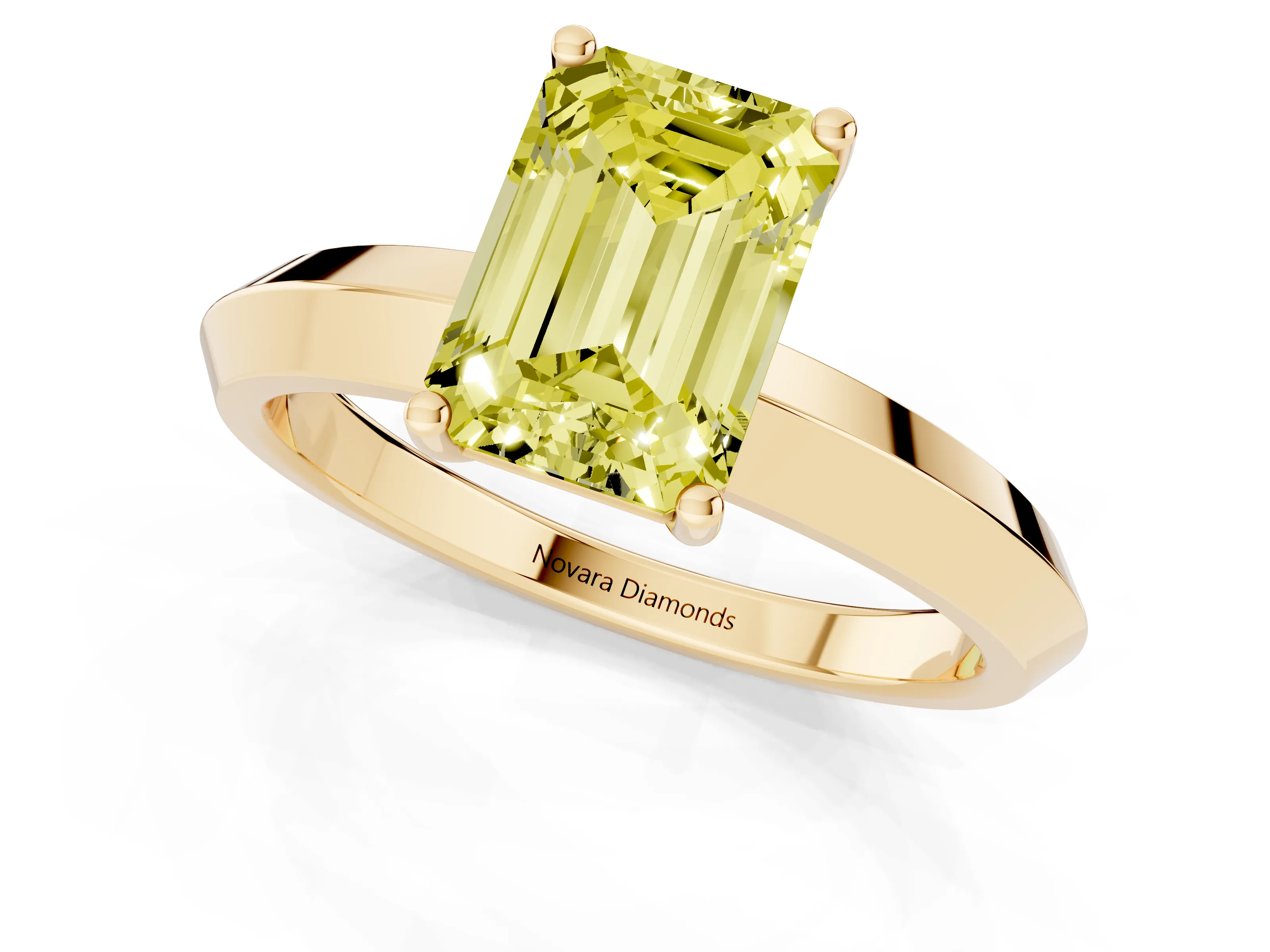 Fancy Yellow Emerald Cut Diamond Solitaire Engagement Ring Set in Yellow gold with Flat Band and Prong Setting