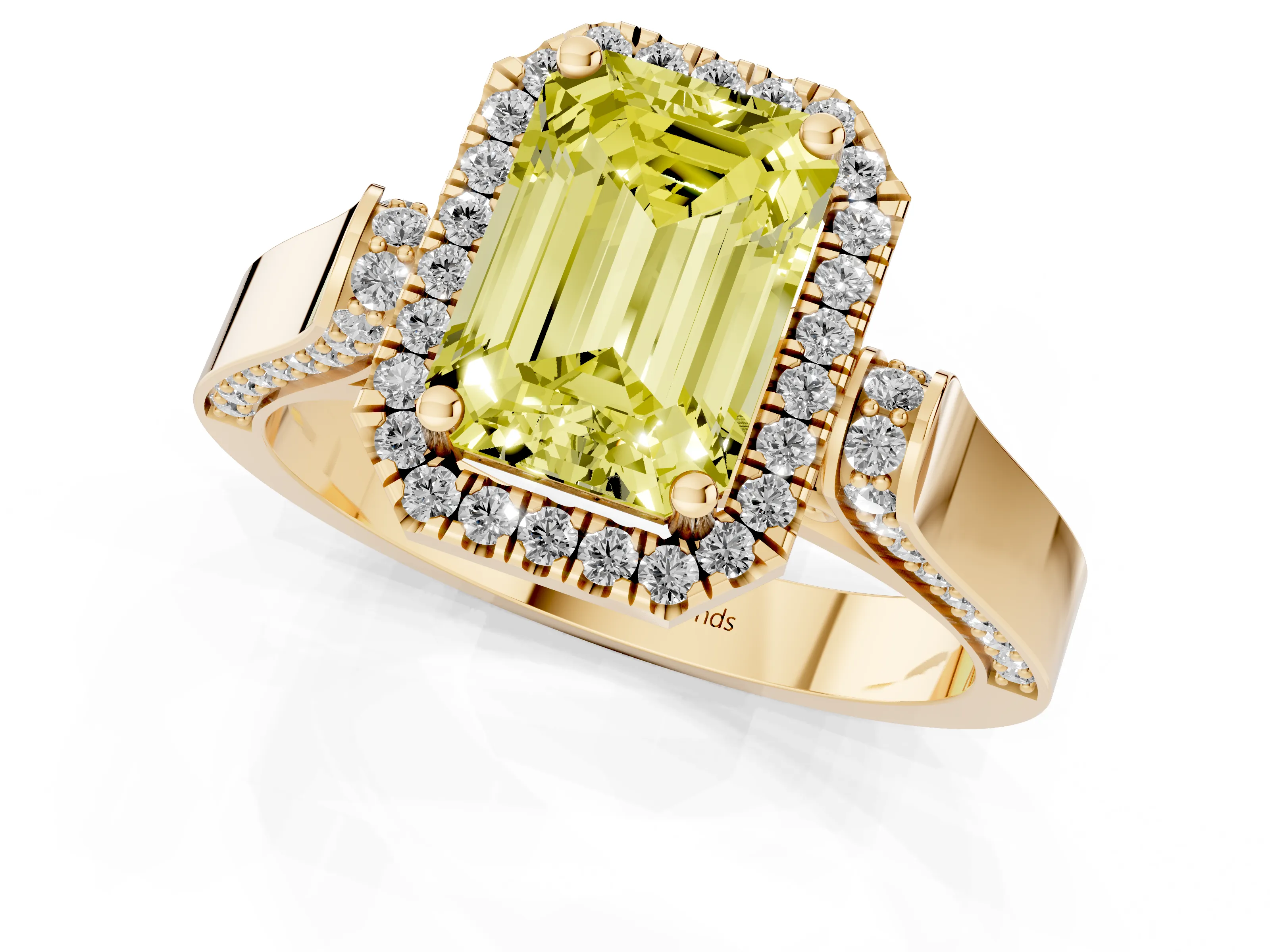 Fancy Yellow Emerald Cut Diamond Halo Ring Set in Yellow gold with Pavé-Lined Split Shank Band