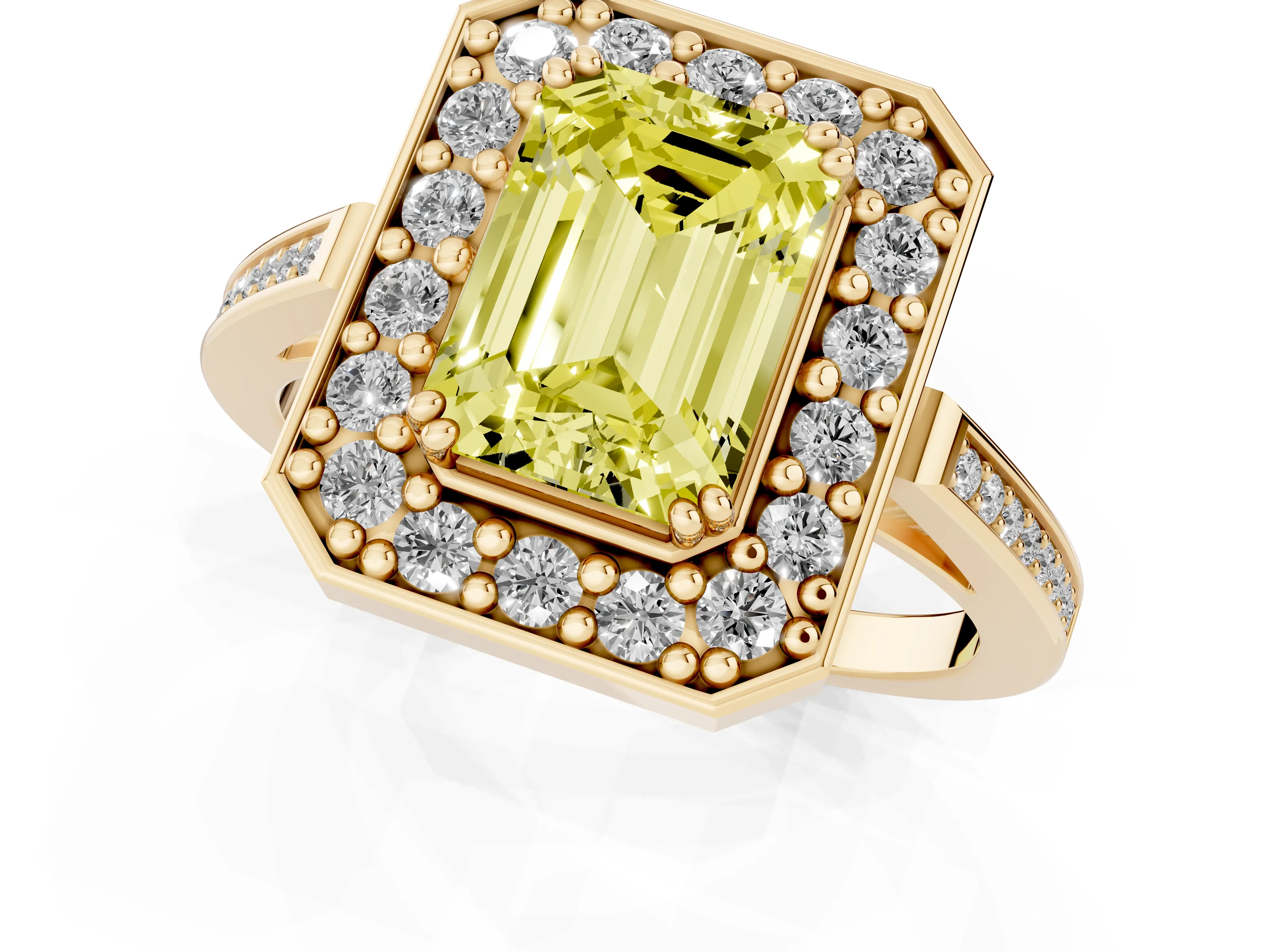 Fancy Yellow Emerald Cut Diamond Halo Ring Set in Yellow gold with Accent-Lined Split Shank and Prong Setting