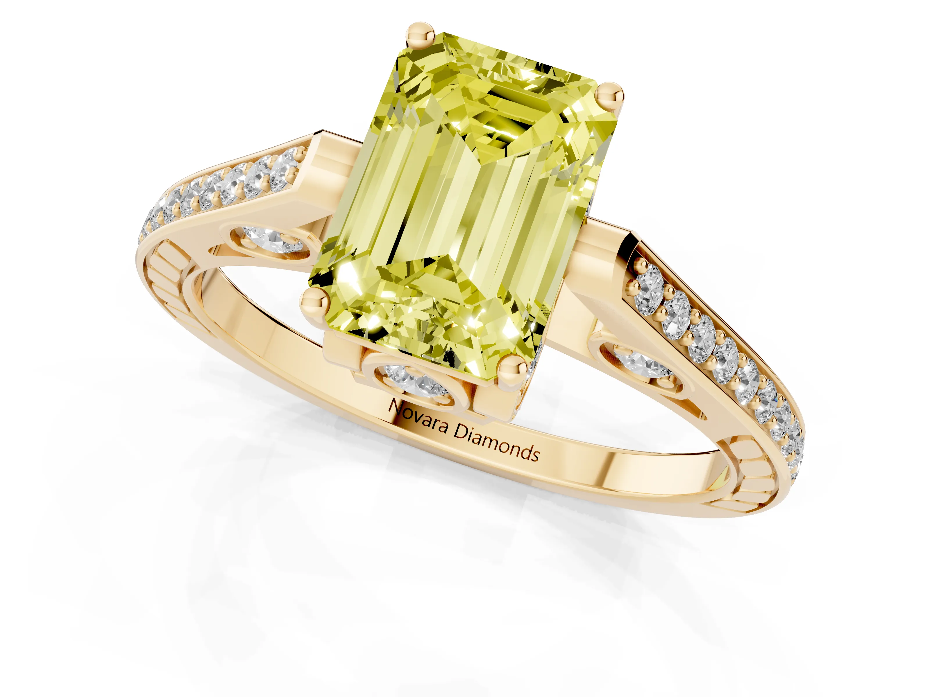 Fancy Yellow Emerald Cut Diamond Cathedral Pavé Engagement Ring Set in Yellow gold with Prong Setting