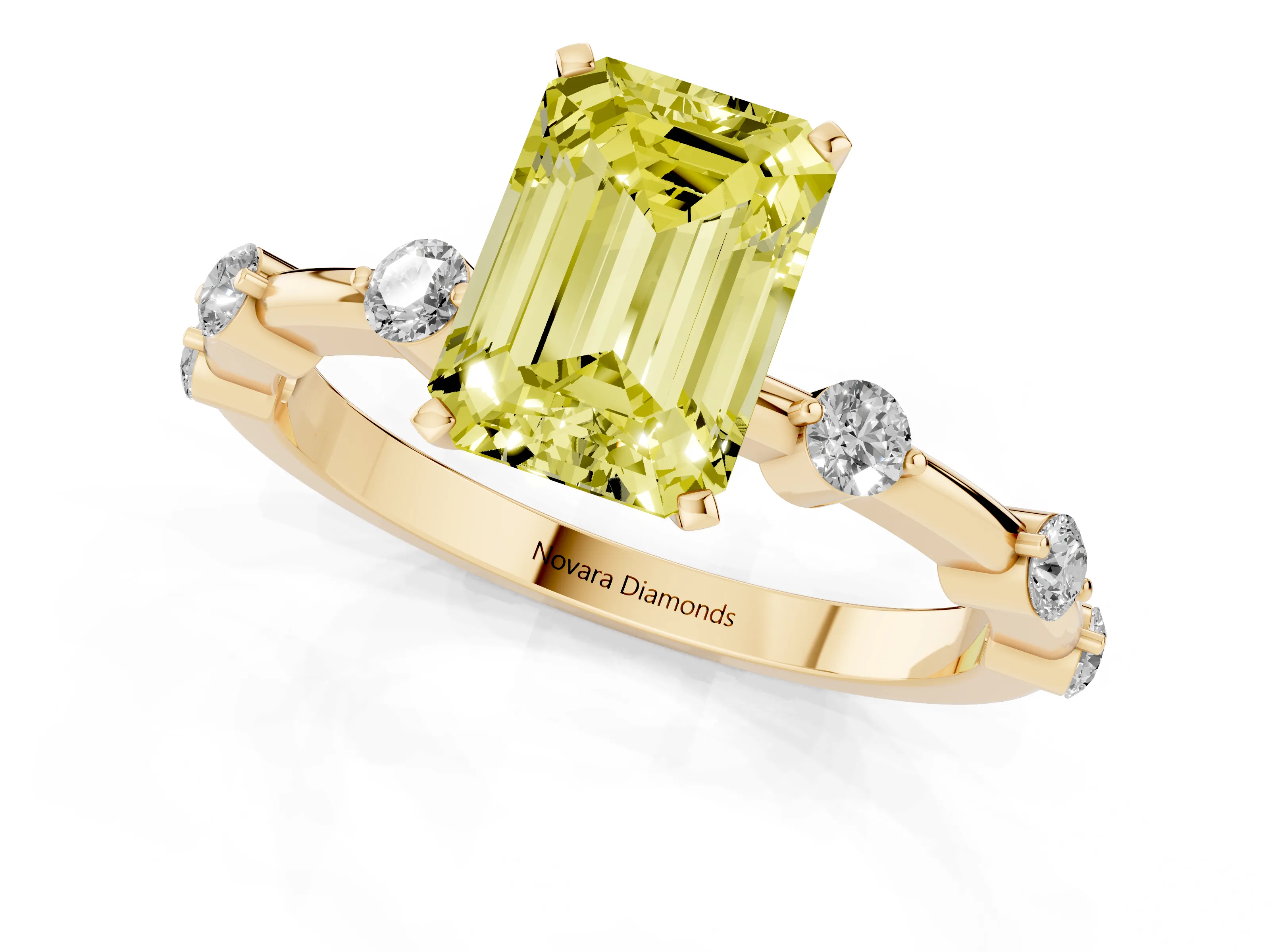 Fancy Yellow Emerald Cut Diamond Solitaire Ring Set in Yellow gold with Bezel Set Side Stones and Prong Setting