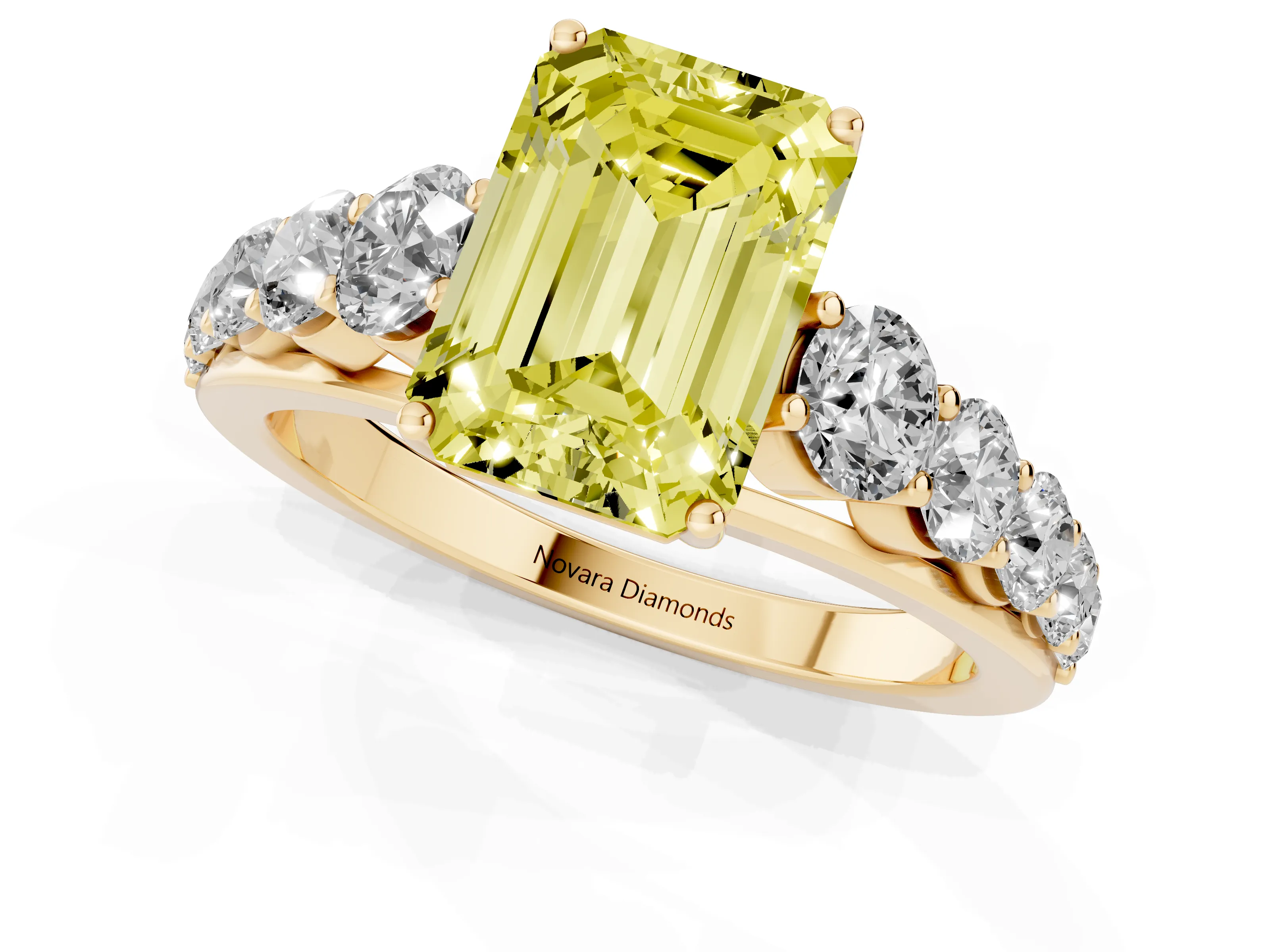 Fancy Yellow Emerald Cut Diamond Solitaire Ring Set in Yellow gold with Pavé-Set Band and Prong Setting