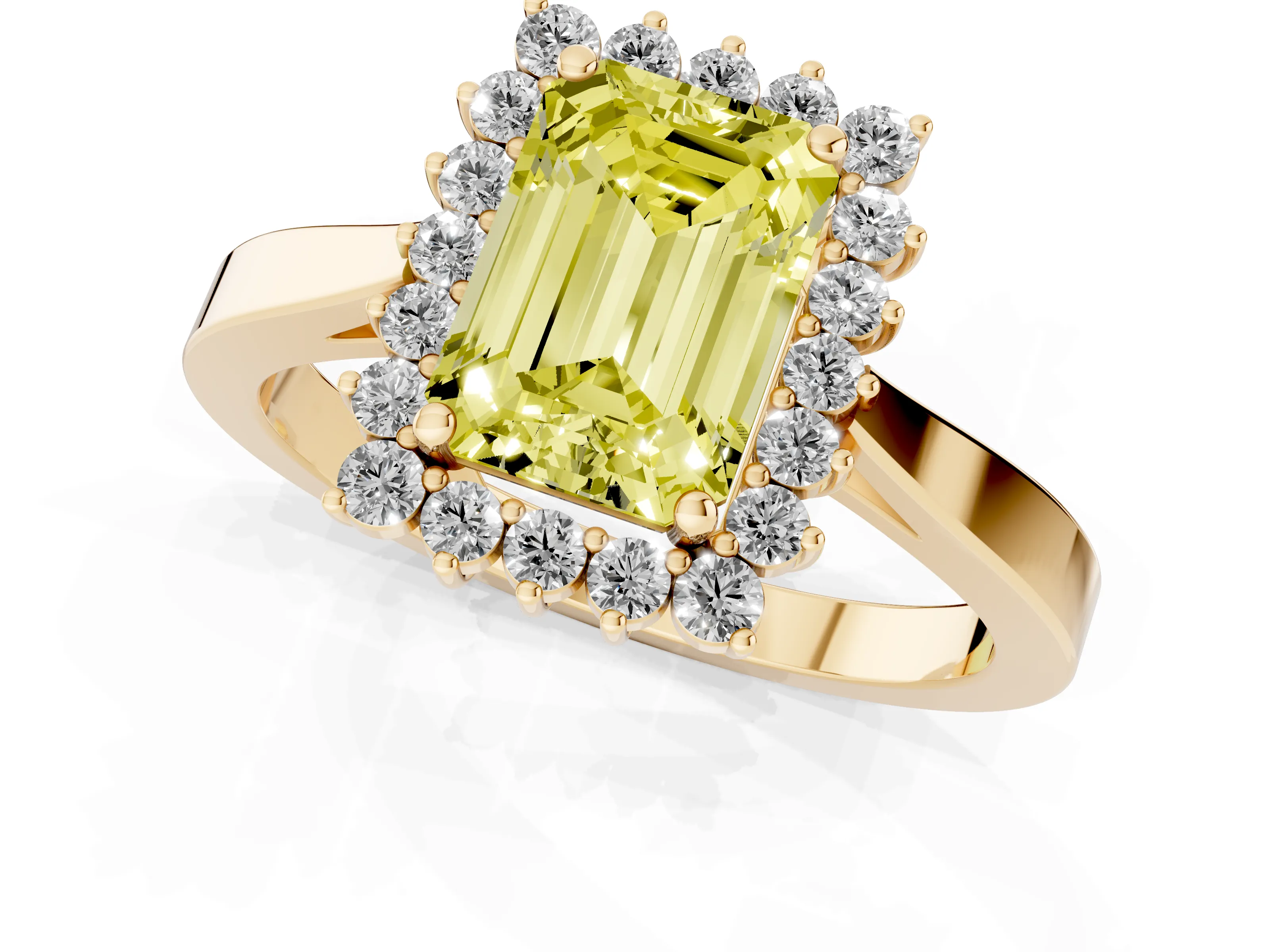 Fancy Yellow Emerald Cut Diamond Halo Ring Set in Yellow gold with Round Halo and Smooth Solitaire Band