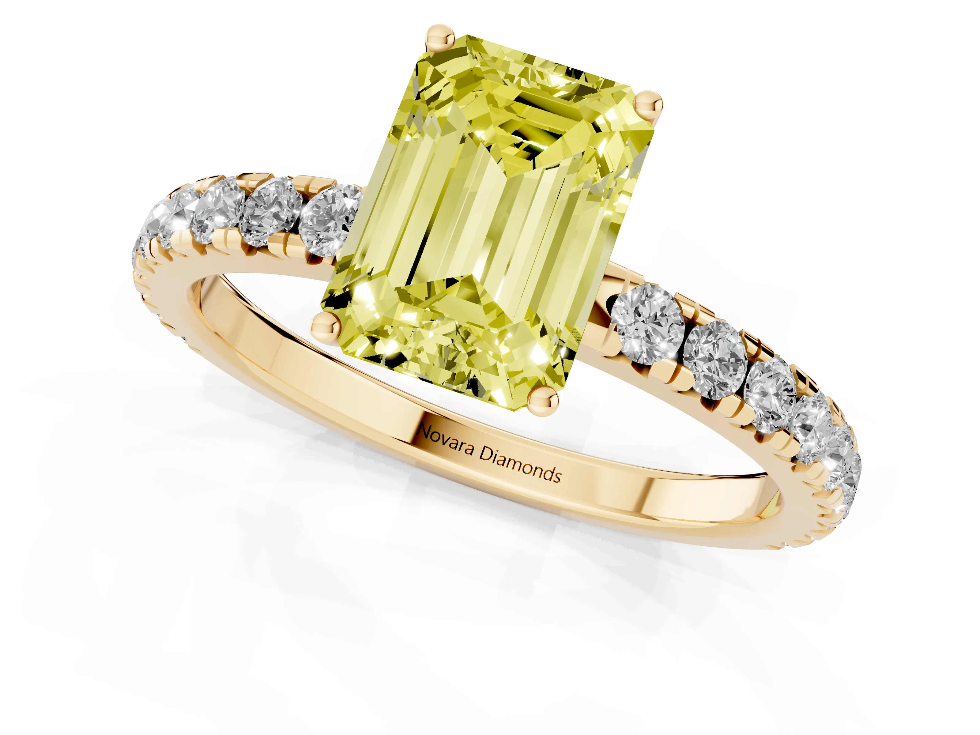 Fancy Yellow Emerald Cut Diamond Pavé Solitaire Engagement Ring Set in Yellow gold with Prong Setting